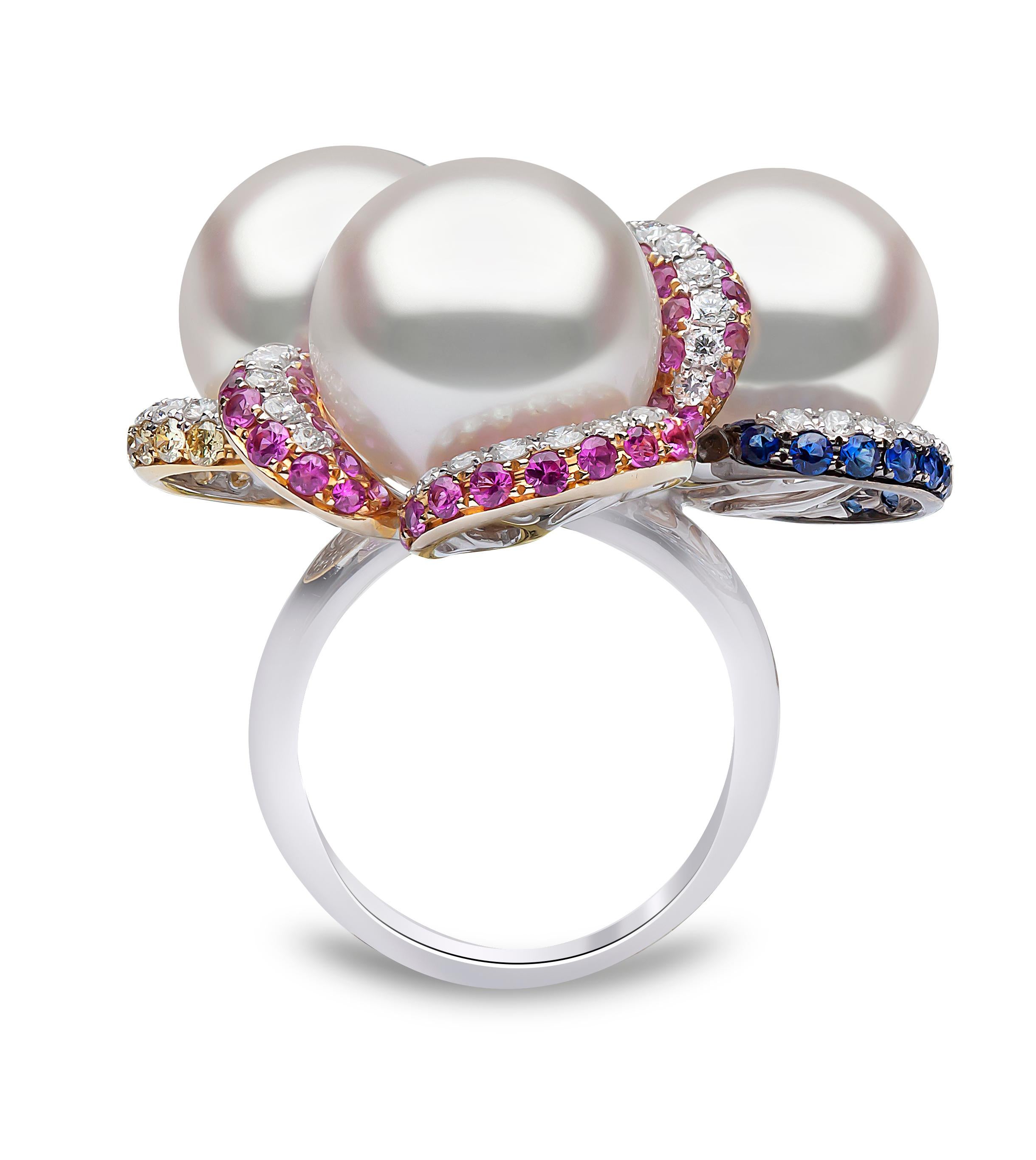 This unique ring by Yoko London features three lustrous South Sea pearls embedded amongst vibrant sapphires and diamonds. This extraordinary ring pays true testament to the meticulous craftsmanship of our expert team. Pair this dramatic ring with