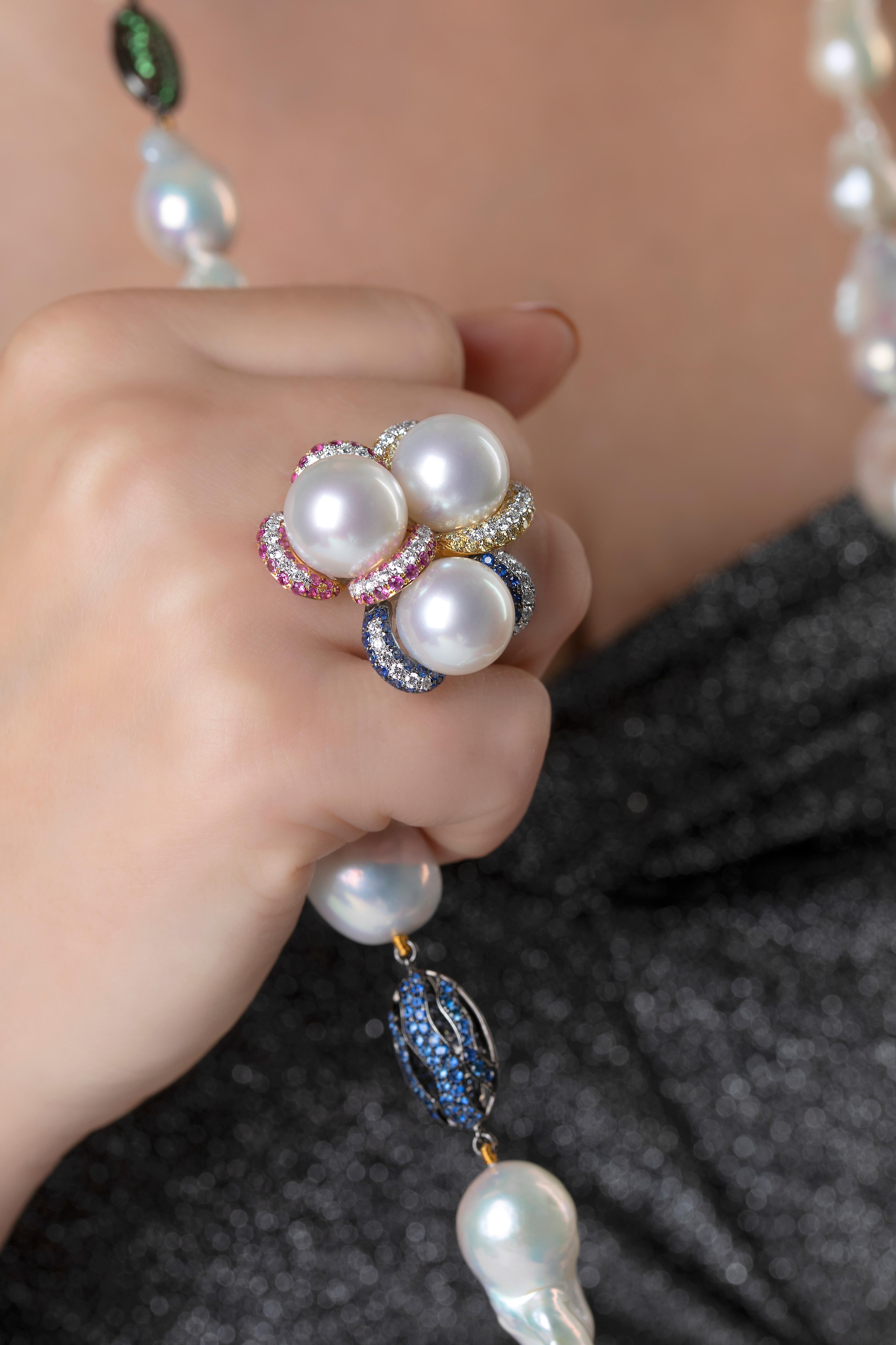 Contemporary Yoko London South Sea Pearl, Sapphire and Diamond Ring in 18 Karat White Gold