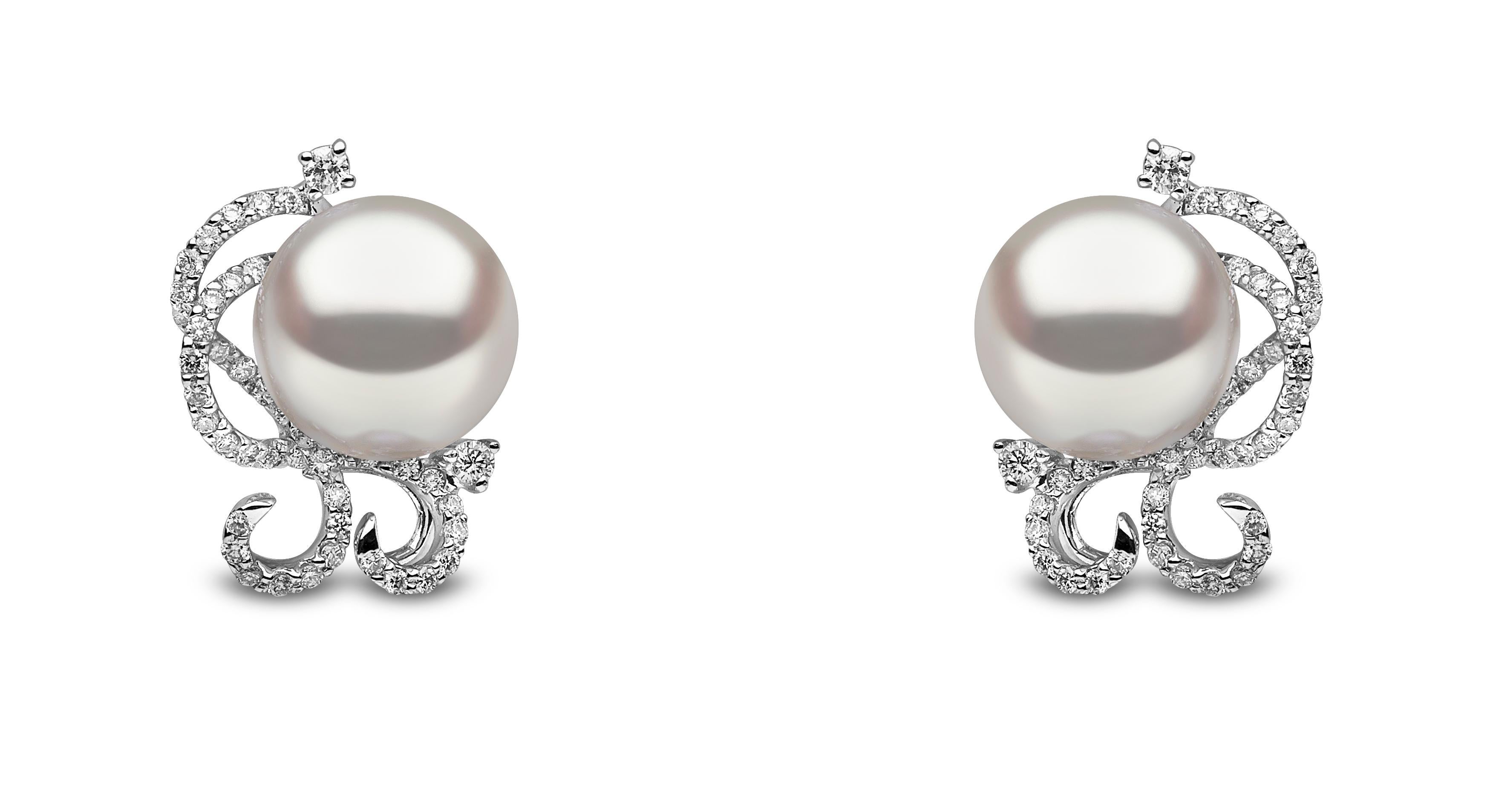 These elegant earrings by Yoko London feature two lustrous South Sea pearls, perfectly accented by an opulent arrangement of diamonds. These intricate earrings have been designed and hand finished to the highest by some of the world’s leading pearl