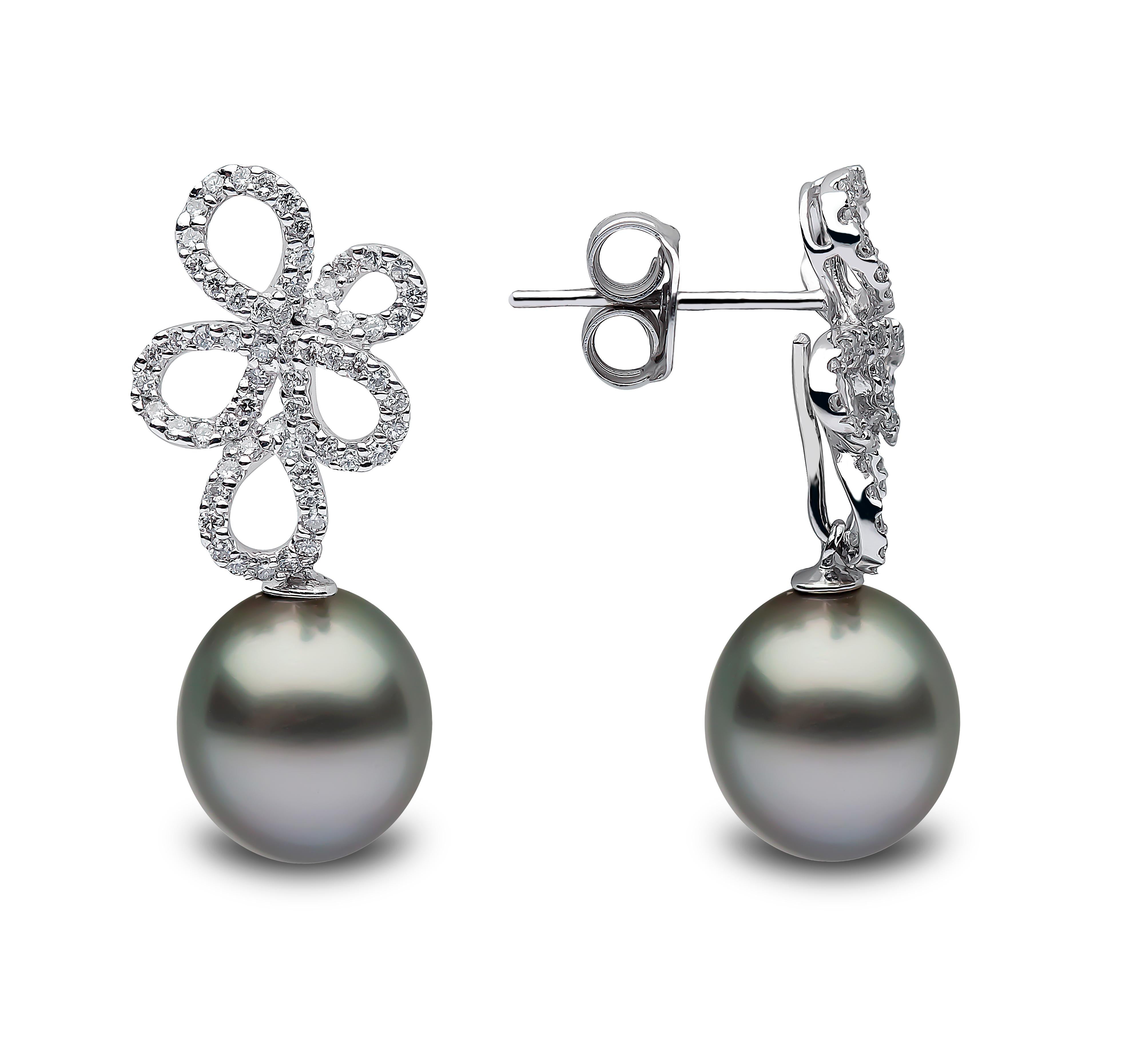 These striking earrings by Yoko London combine dark Tahitian pearls with a mesmeric arrangement of diamonds. This alluring combination will add a touch of unique elegance to any outfit. 
-	10-10.5mm Tahitian Pearls
-	124 Diamonds (Total Carat
