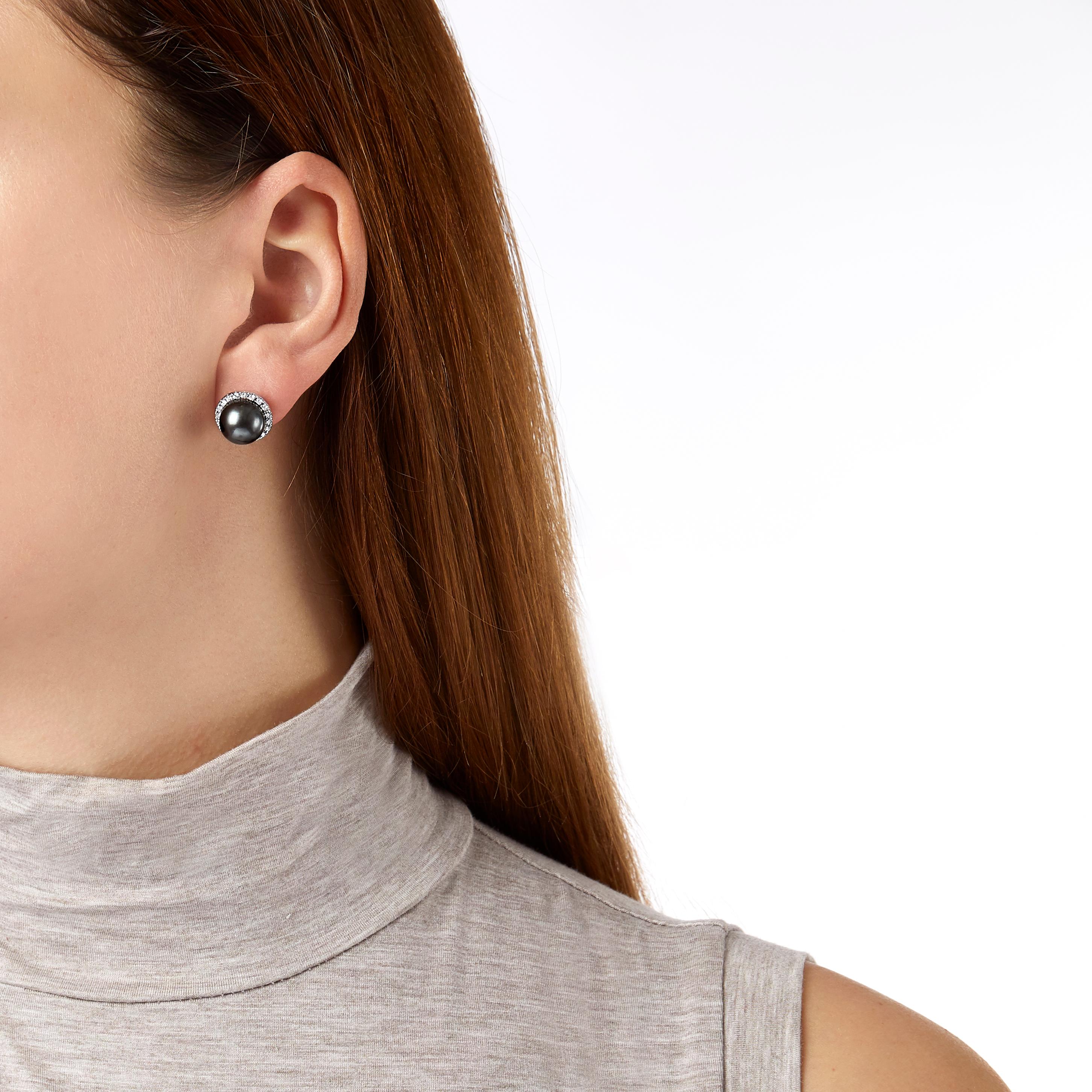 Round Cut Yoko London Tahitian Pearl and Diamond Earrings in 18 Karat White Gold