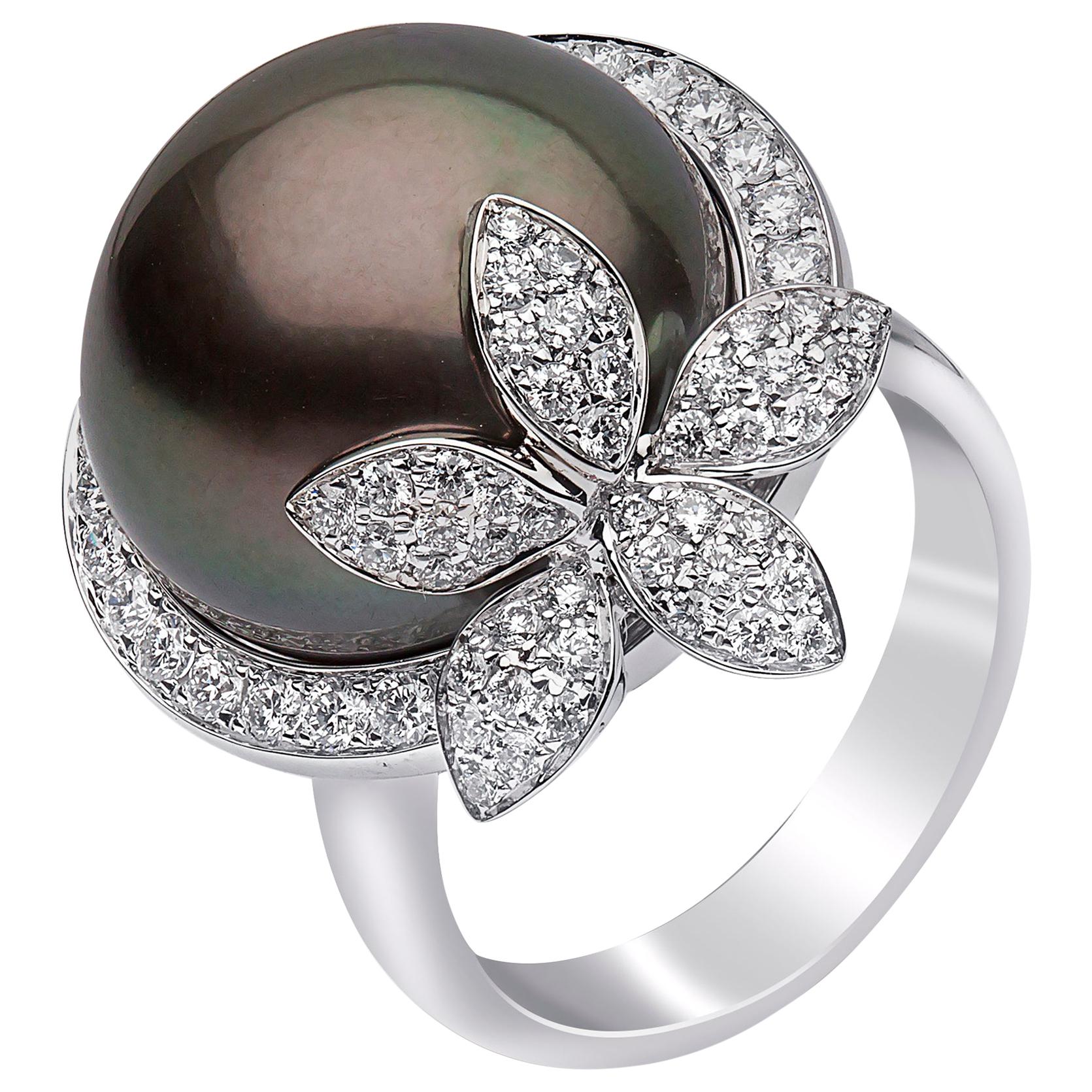 Yoko London Tahitian Pearl and Diamond Ring in 18 Karat White Gold For Sale