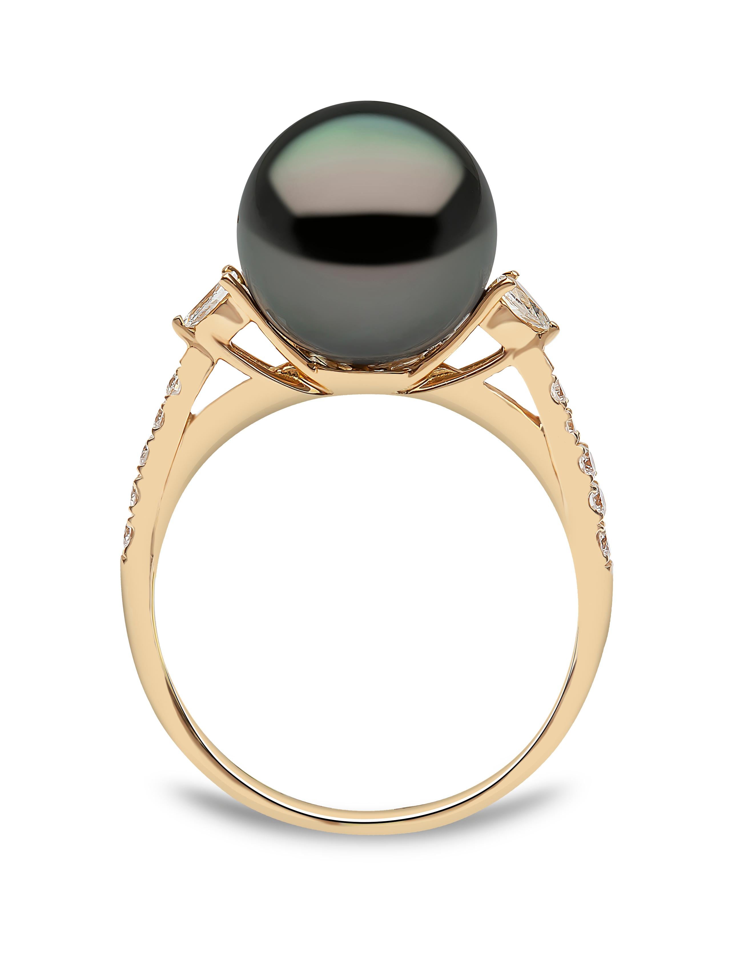 This delicate ring by Yoko London features a lustrous Tahitian pearl at the forefront of its design. The spectacular hues of the pearl are perfectly accentuated by the 18 Karat yellow gold setting and elegant diamond shoulders. A versatile piece,