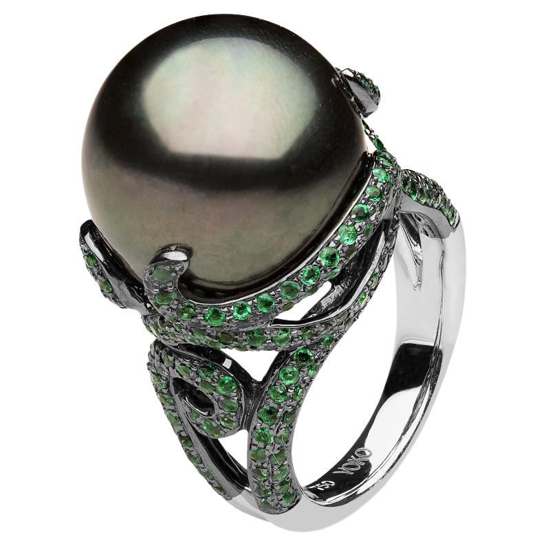 Yoko London Tahitian Pearl and Emerald Ring in 18 Karat White Gold For Sale