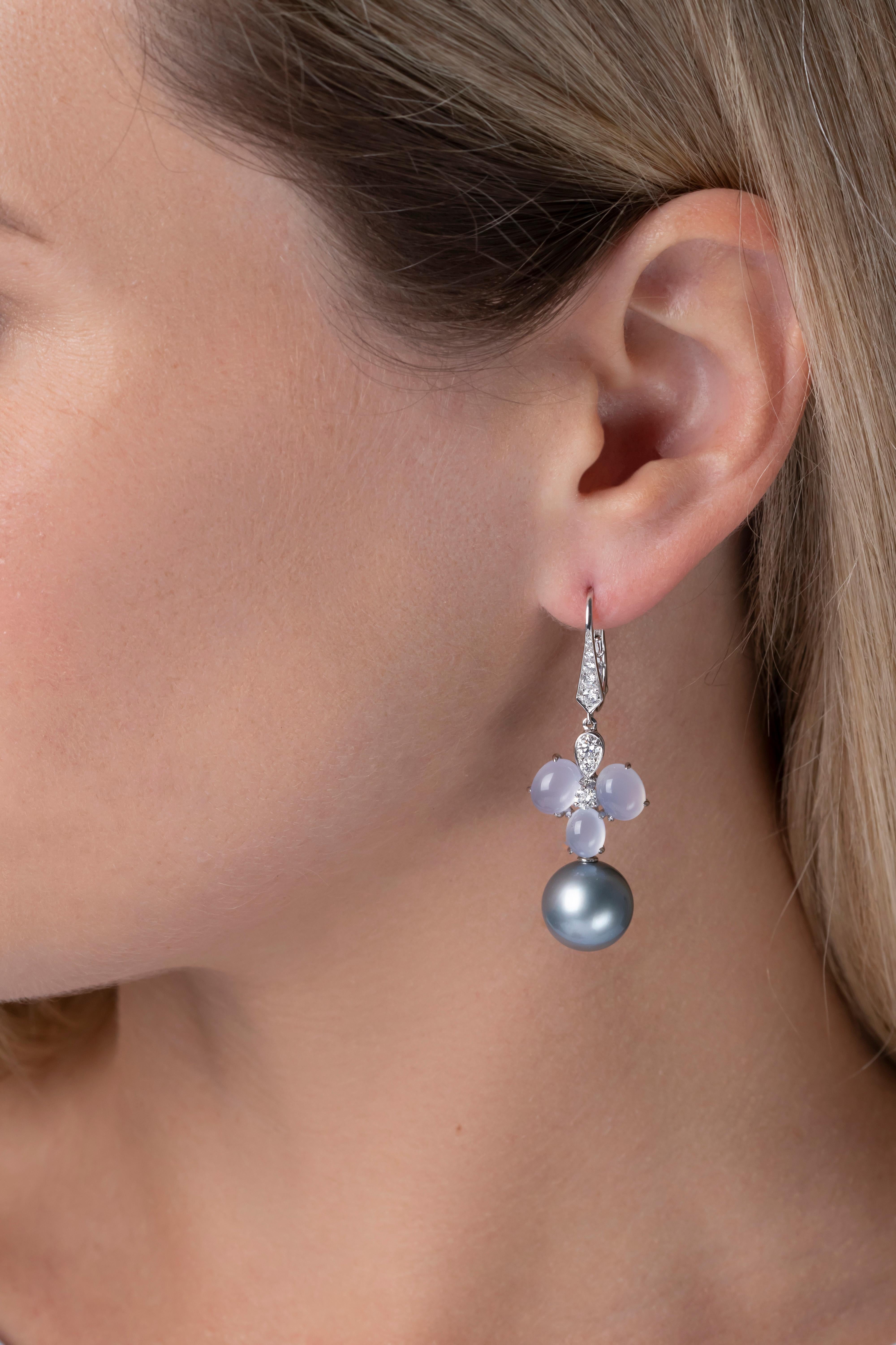 Contemporary Yoko London Tahitian Pearl, Chalcedony and Diamond Earrings in 18K White Gold For Sale