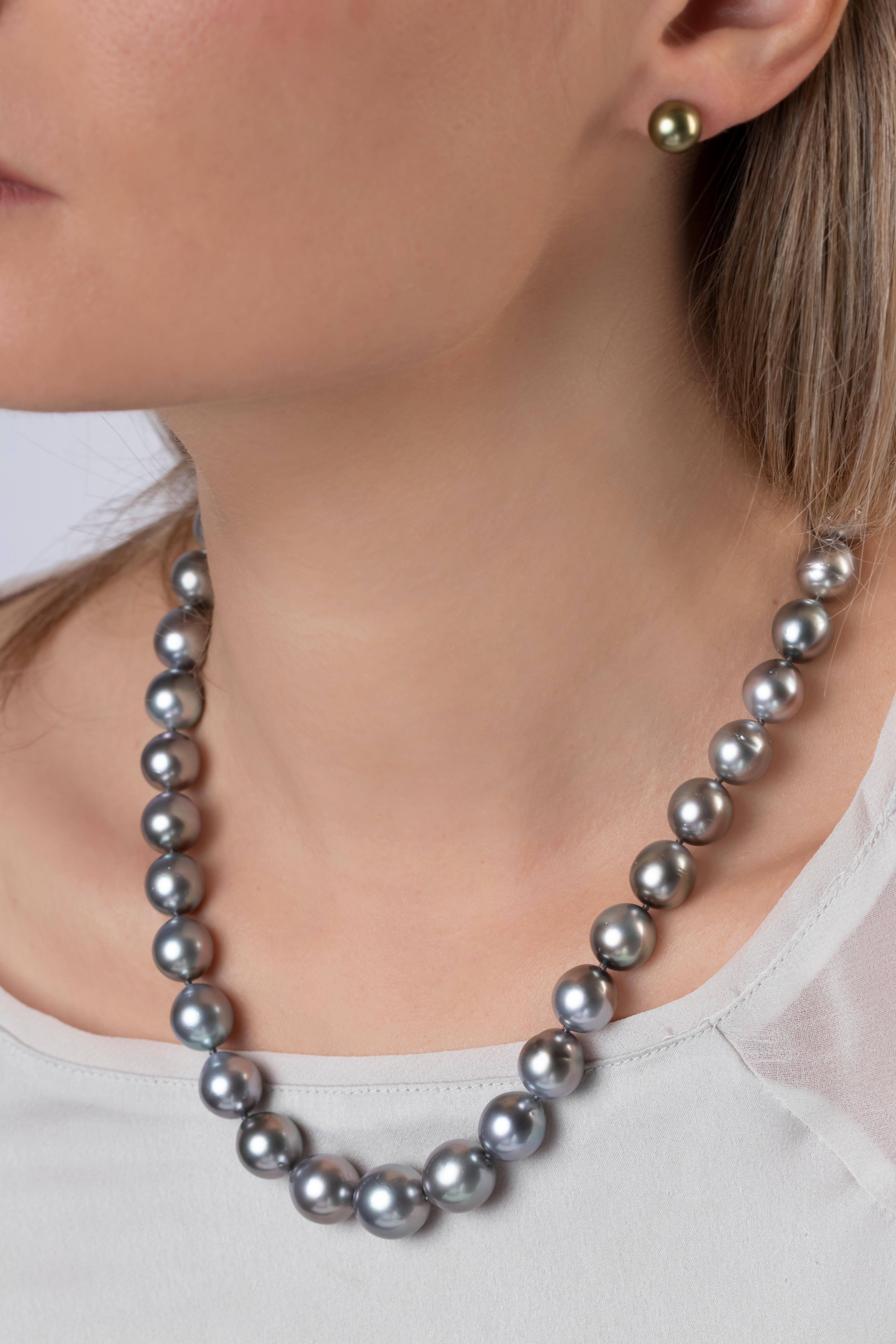 This elegant necklace by Yoko London features a row of alluring grey Tahitian pearls secured to a matt finished 18K white gold clasp. A classic style for a timeless look, this necklace is easily styled with both casual and formal attire.  Each pearl