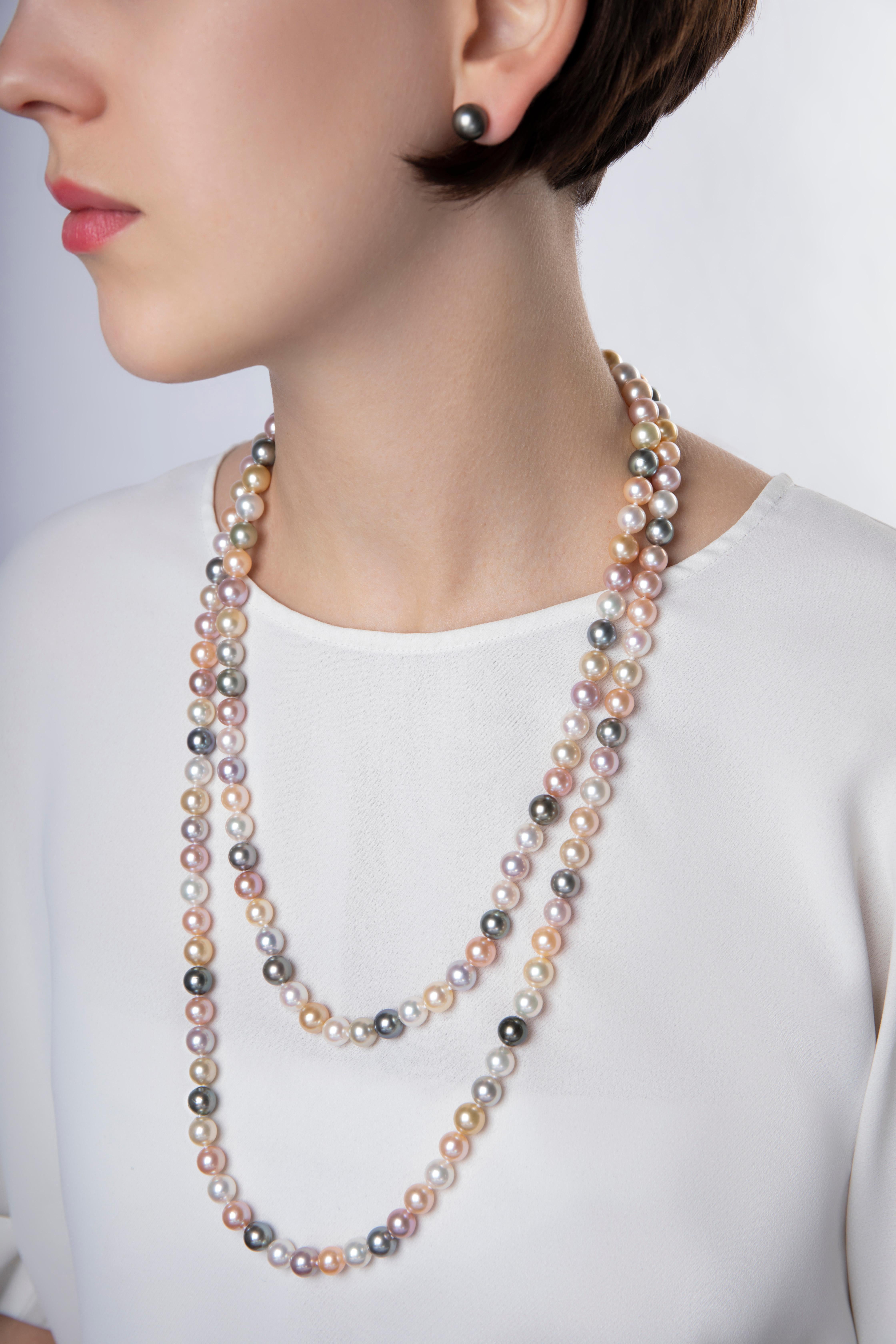 A playful necklace by Yoko London, featuring an array of Tahitian, Golden and White South Sea and Pink Freshwater pearls combined into a delightful long style that can be wrapped around the neck twice. Each pearl has been hand-selected by our