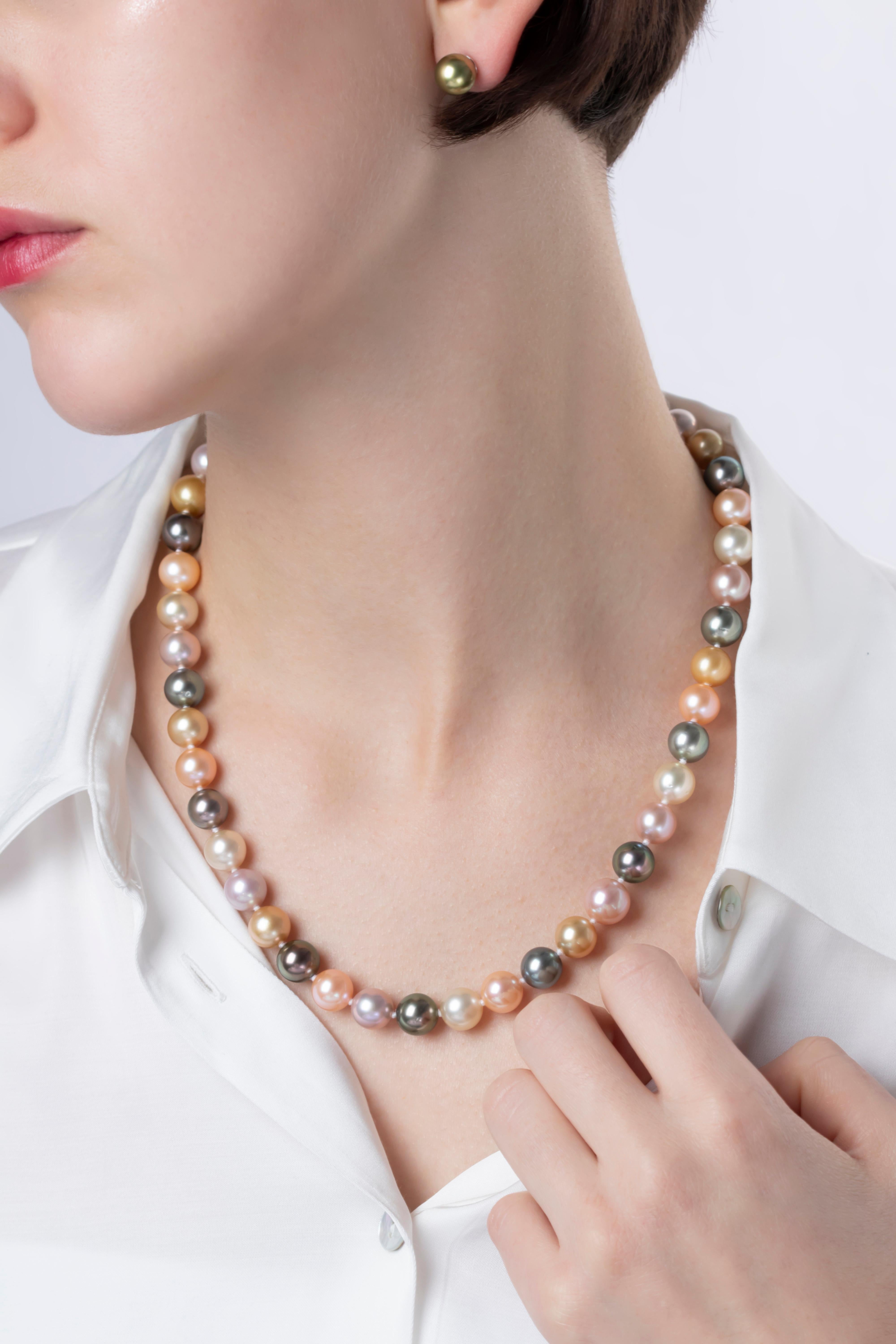 A fun necklace by Yoko London, featuring an array of Tahitian, Golden and White South Sea and Pink Freshwater pearls combined into a classic style. Each pearl has been selected by our experts and strung by in our London atelier. 
-9.5-10.6mm