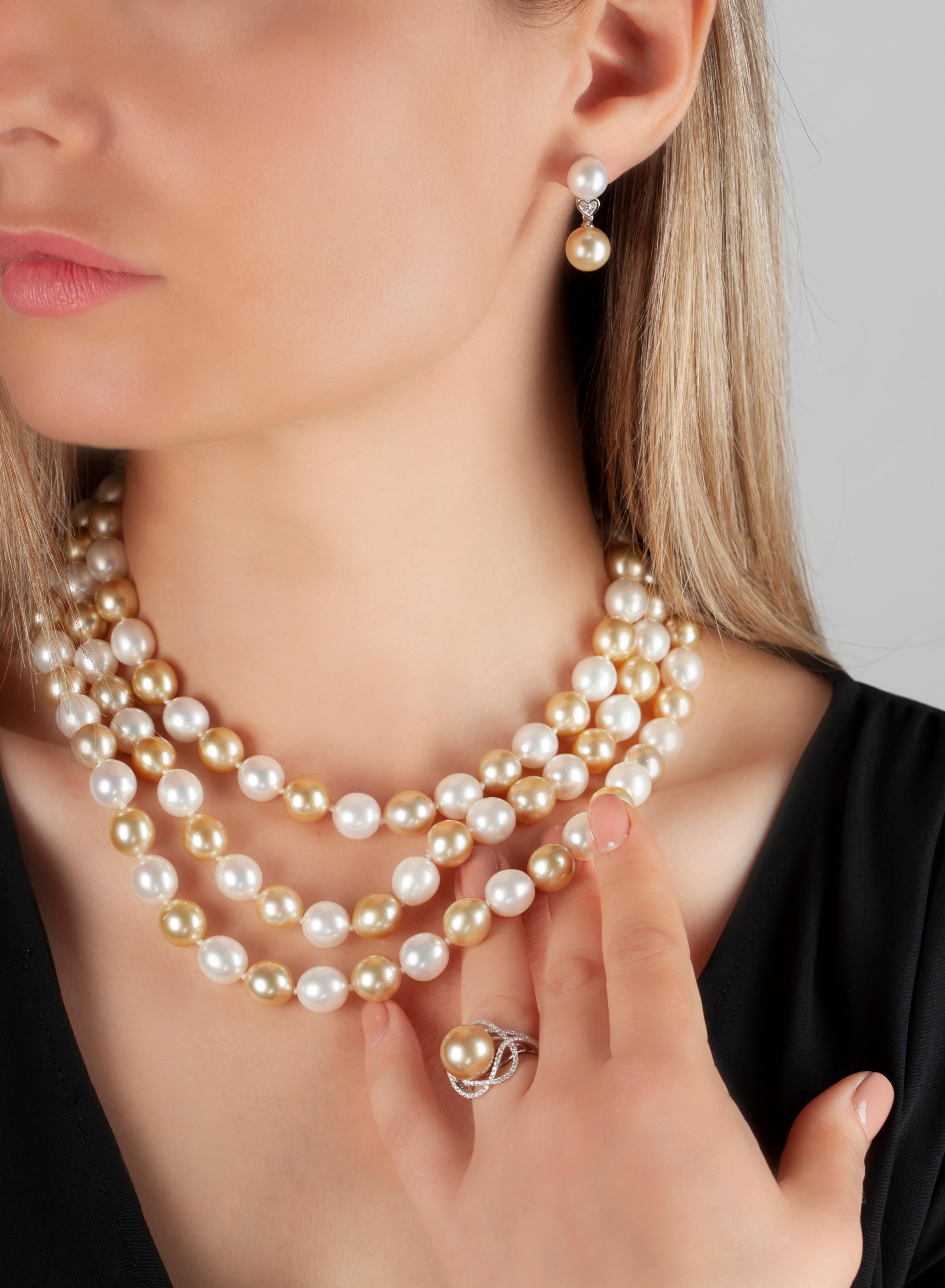 Contemporary Yoko London White & Golden South Sea Pearl & Diamond Earrings in 18k White Gold For Sale