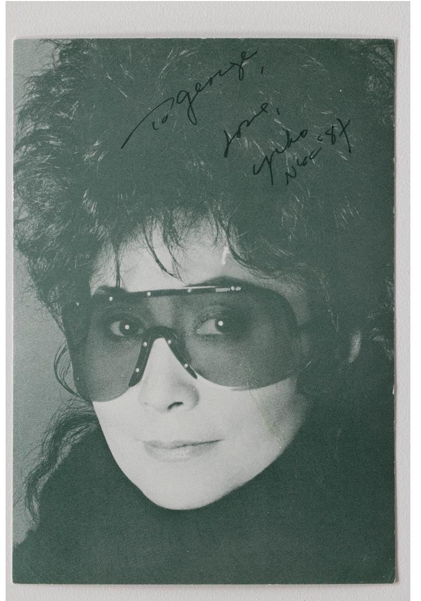 A signed to George (Harrison?) Photograph of Yoko Ono, stored in a protective plastic sleeve.
She looks gorgeous in her shades in this historical portrait photo.

Authenticated by James Spence (will provide certificate to buyer)
Dimensions: 4