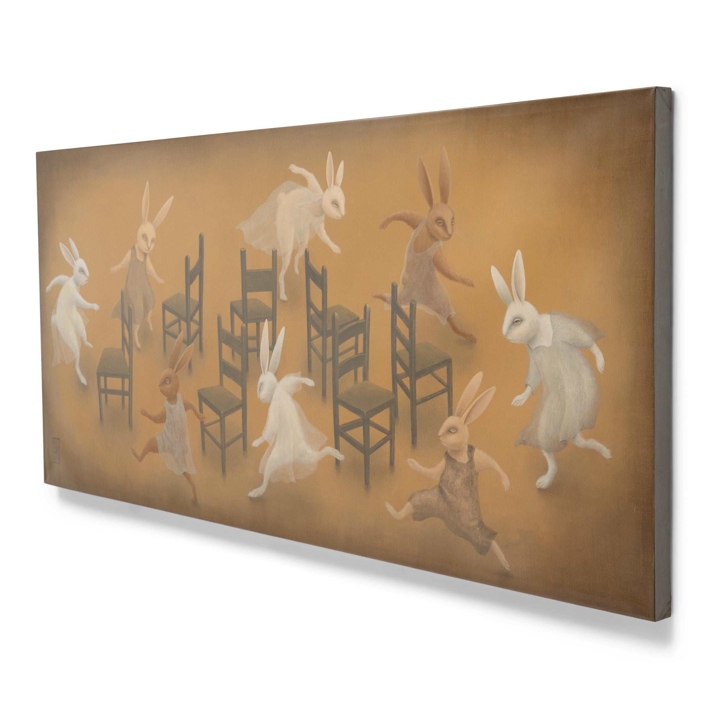Spielende Stühle (Braun), Figurative Painting, von Yoko Tanaka