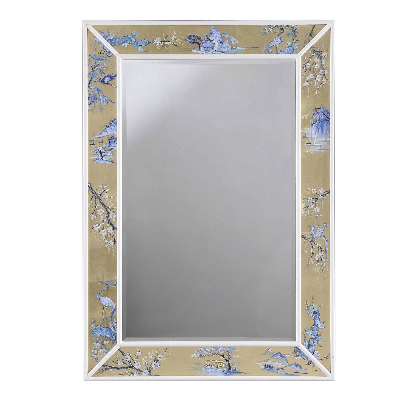 Splendide pièce décorative qui rehaussera l'aspect de tout intérieur, ce miroir présente un cadre raffiné enrichi d'une peinture à l'huile d'inspiration asiatique réalisée à la main. Le cadre est en bois avec des détails en verre et des bords de