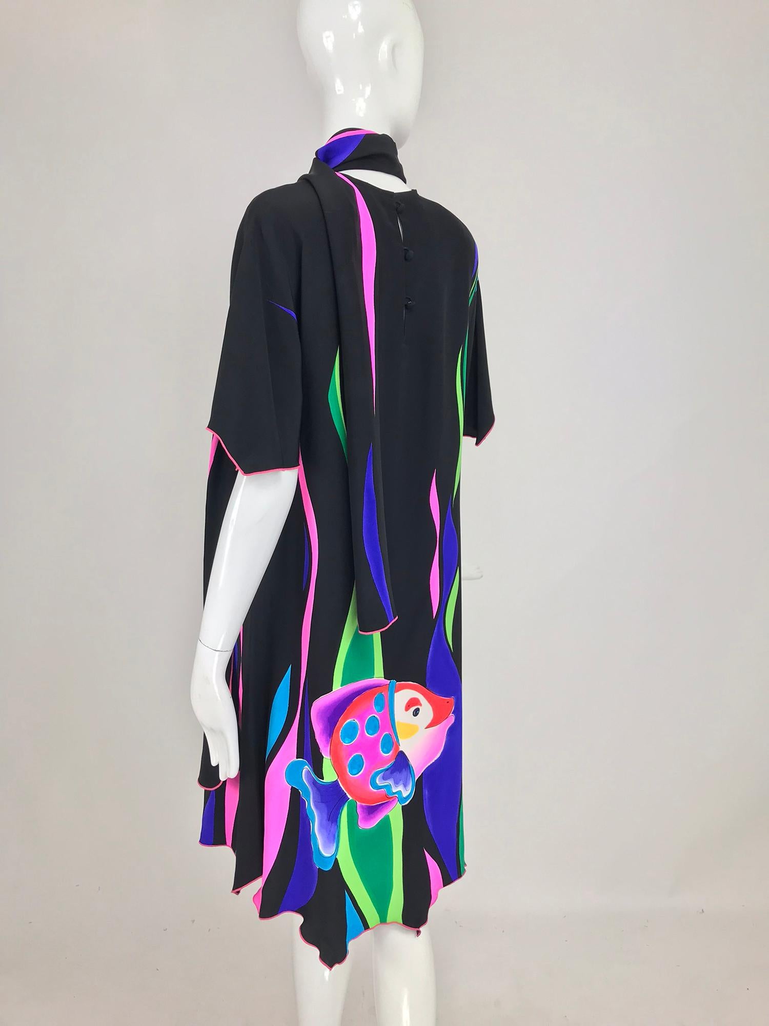 Black Yolanda Lorente Hand Painted Silk Dress with Fish 