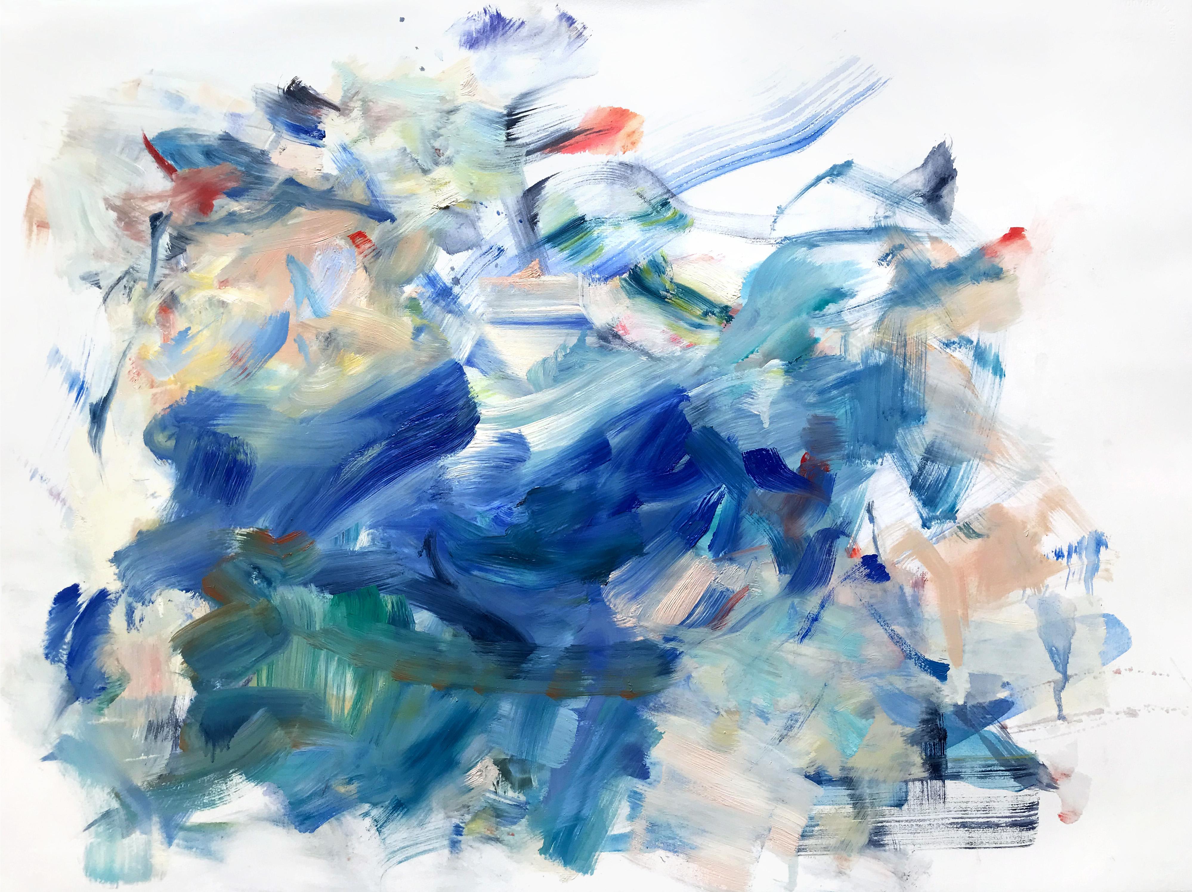 Yolanda Sanchez
Sea Changes 4, 2019
oil on paper
22 x 30 in. 

This colorful abstract oil painting on paper is gestural and bold, with highly saturated blue brushstrokes dancing among dashes of green and orange.

"From a formal perspective, my study