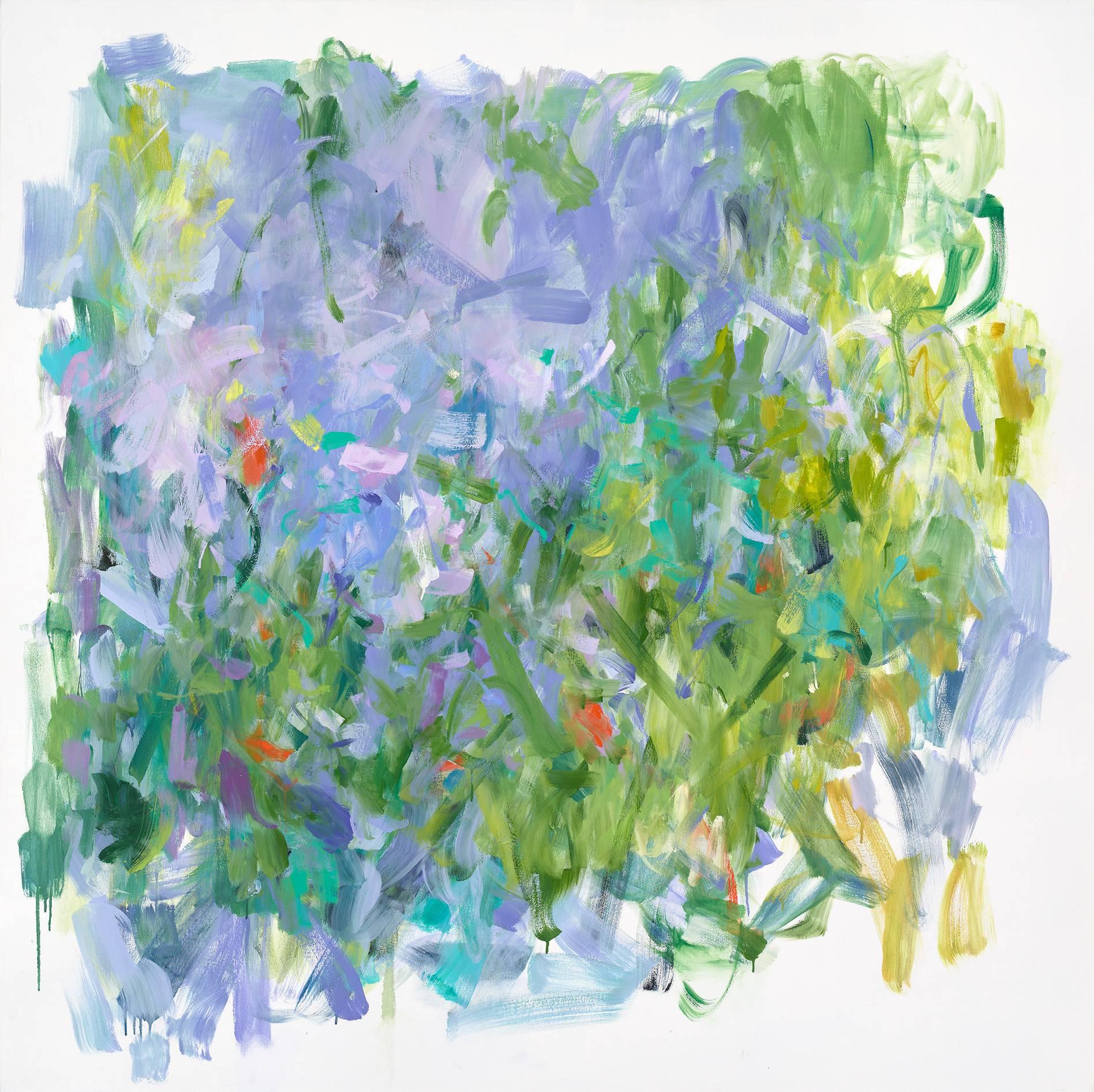 Yolanda Sanchez Abstract Painting - The Happiness of Birds, Grass Green, Lavender, Periwinkle, Lilac, Teal, Hunter