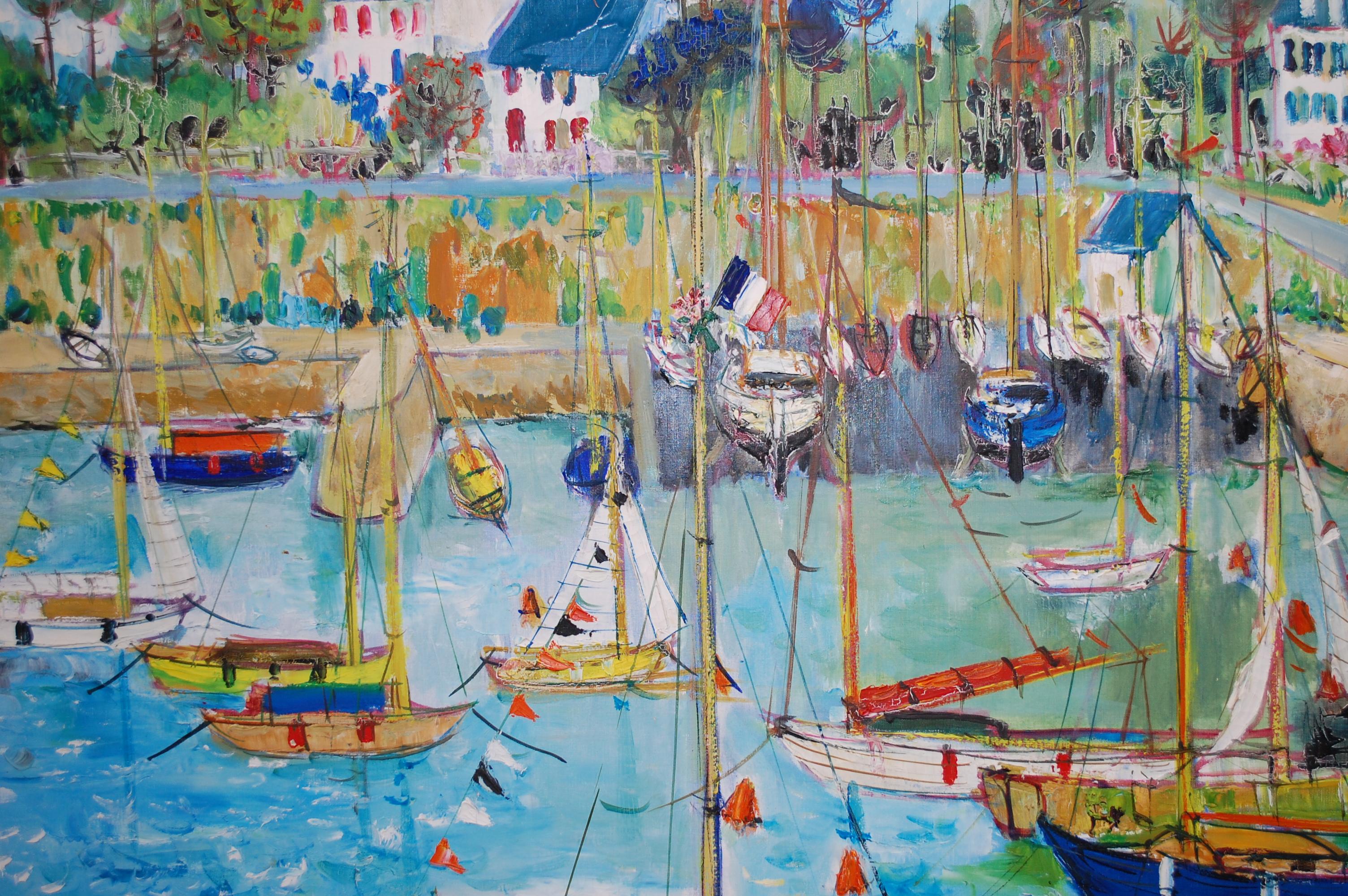 Boats In Port Of Carnac Brittany - Painting by Yolande Ardissone 