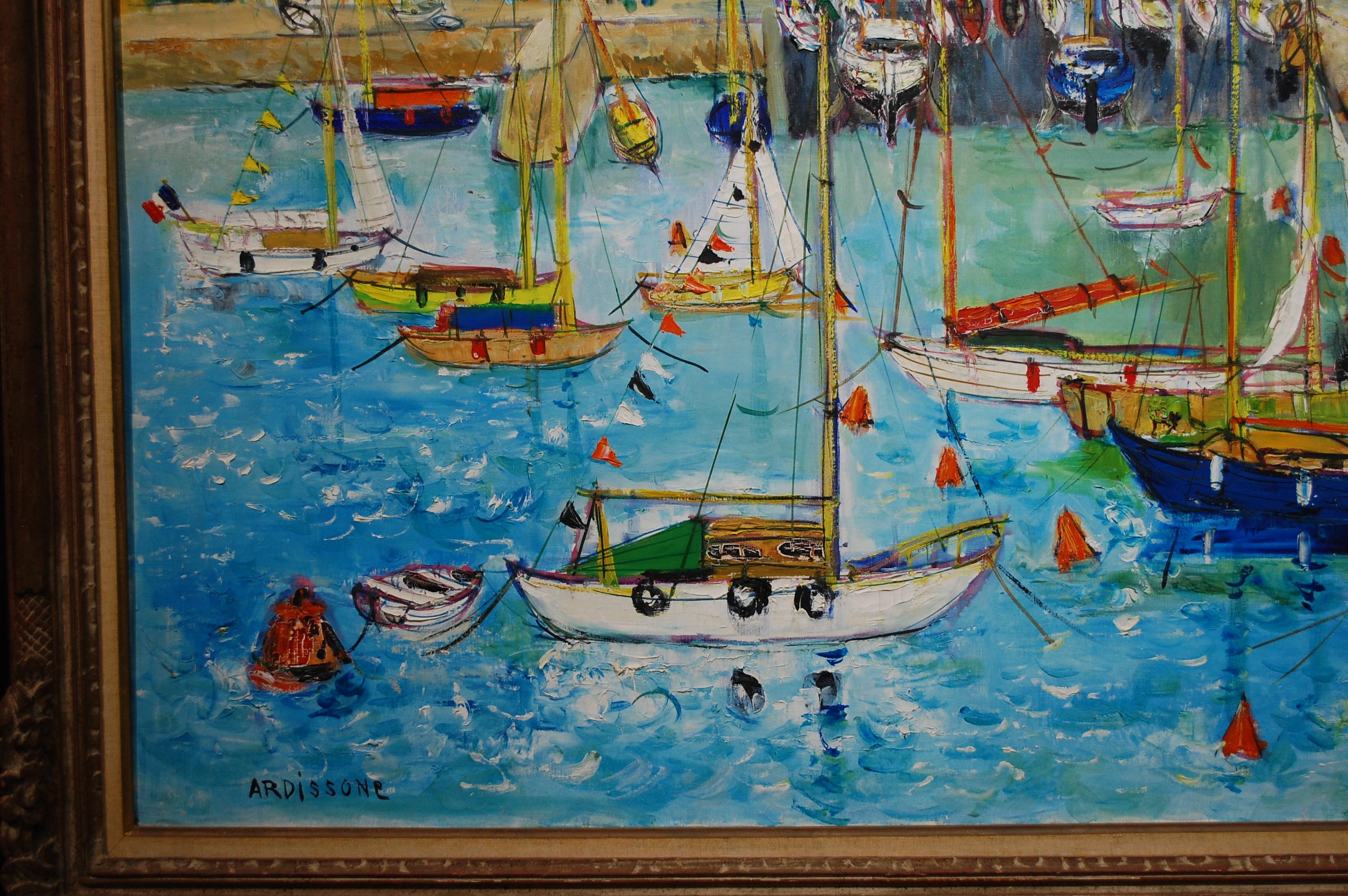 Boats In Port Of Carnac Brittany - Gray Landscape Painting by Yolande Ardissone 