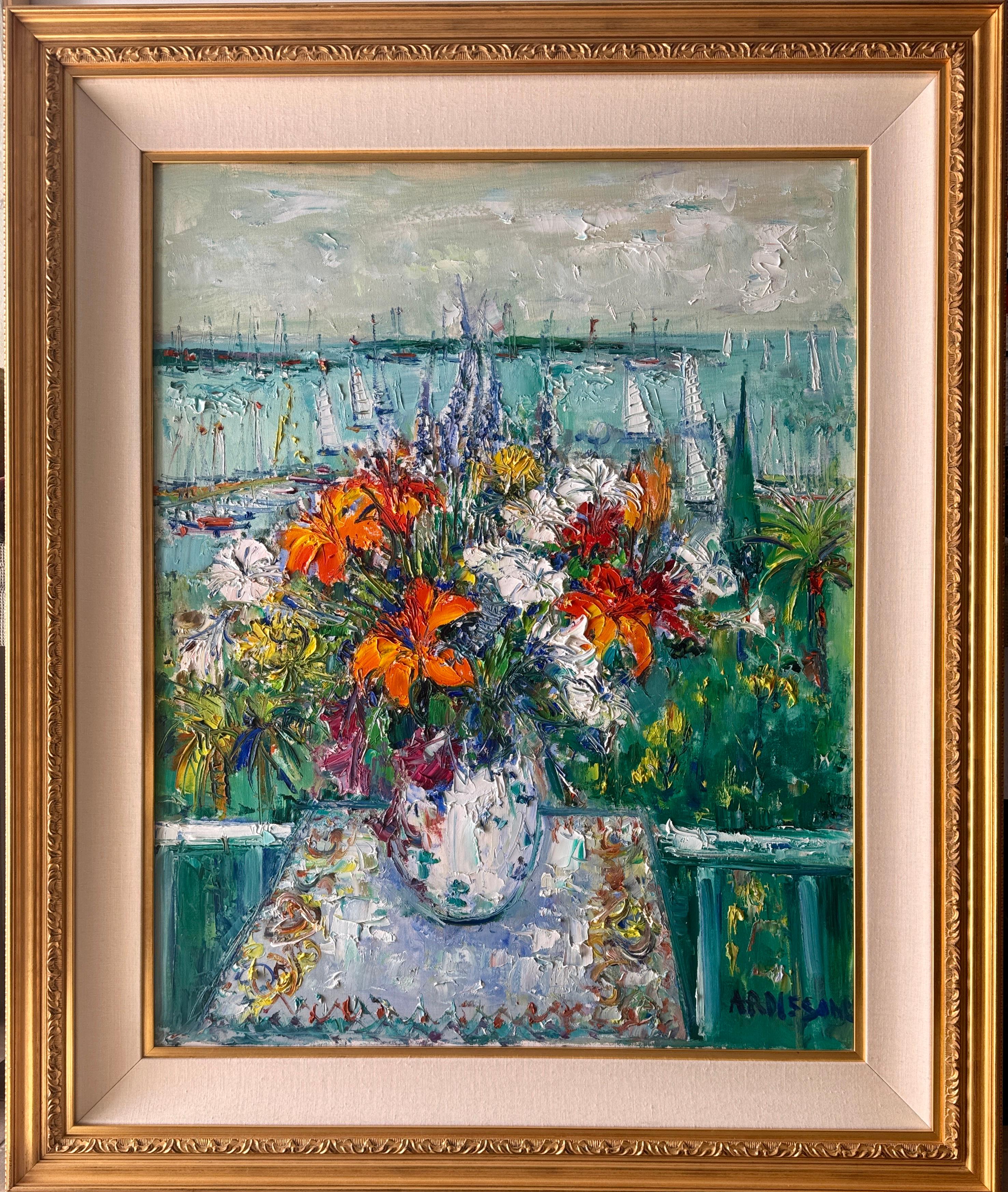 Yolande Ardissone  Landscape Painting – Sommerstrauß Blick vom Balkon, Expressionist Ölgemälde