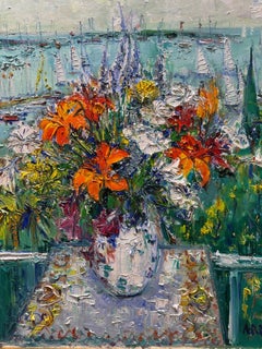 Summer Bouquet View From The Balcony, Expressionist Oil Painting