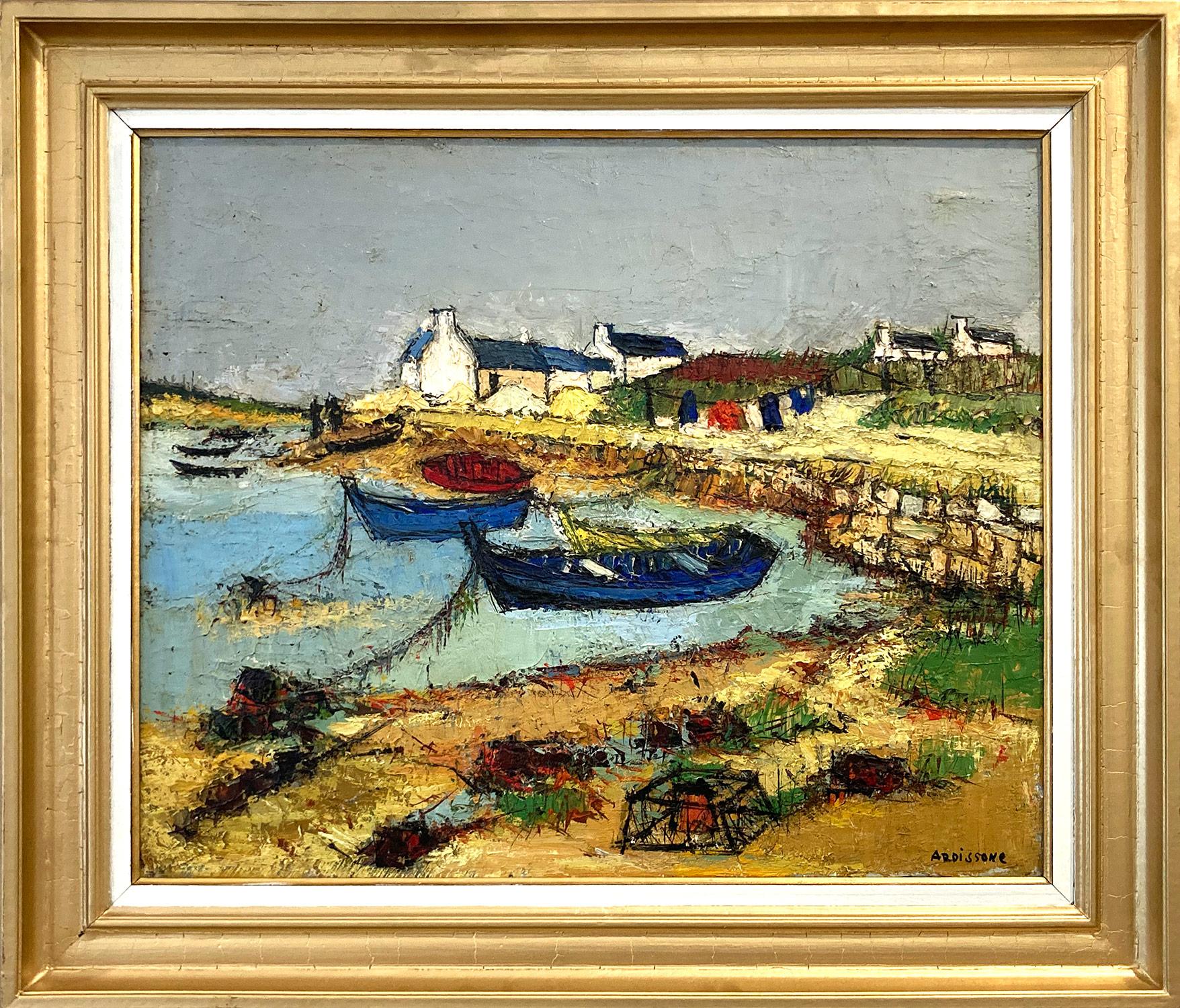 Landscape Painting Yolande Ardissone - "Bateaux a Carnac" Peinture à l'huile impressionniste de paysage marin sur toile