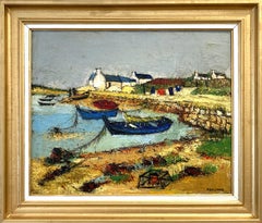 Vintage "Bateaux a Carnac" Impressionist Marine Landscape Oil Painting on Canvas