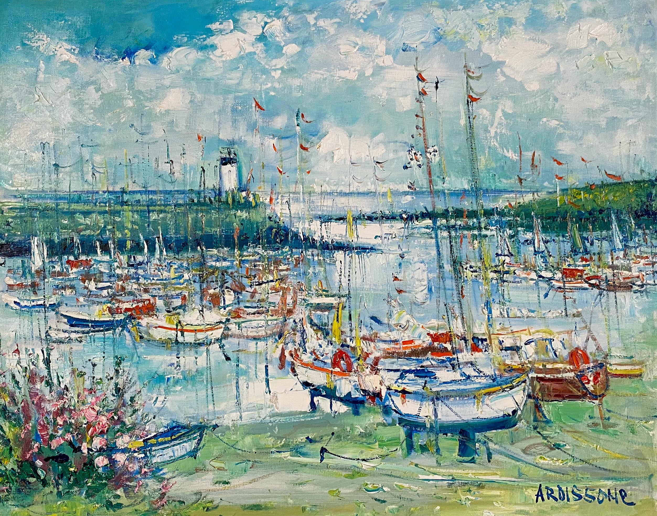 Boats in a Marina - Painting by Yolande Ardissone
