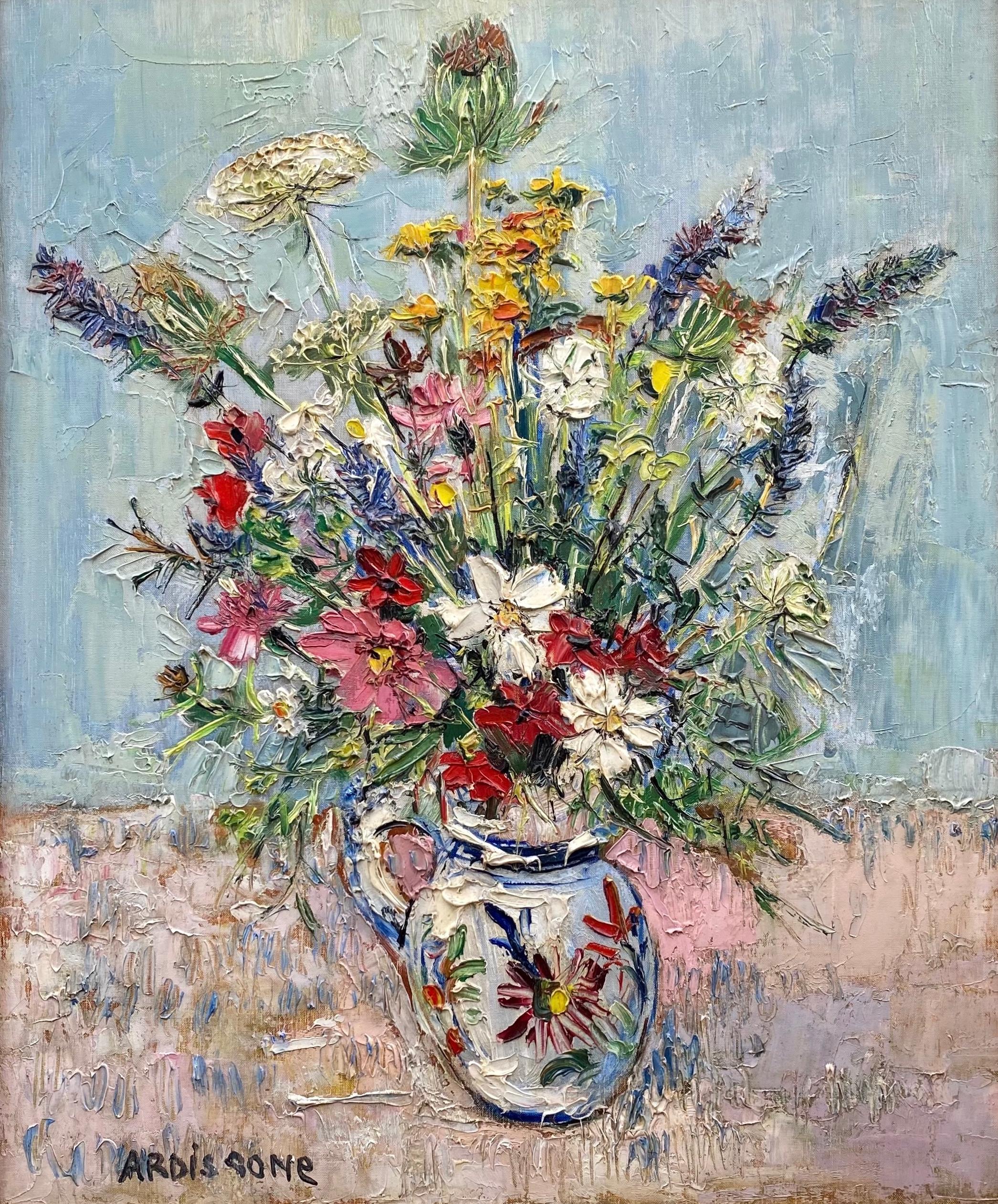 Field Flowers Country Bouquet French Floral Still Life French oil painting - Painting by Yolande Ardissone