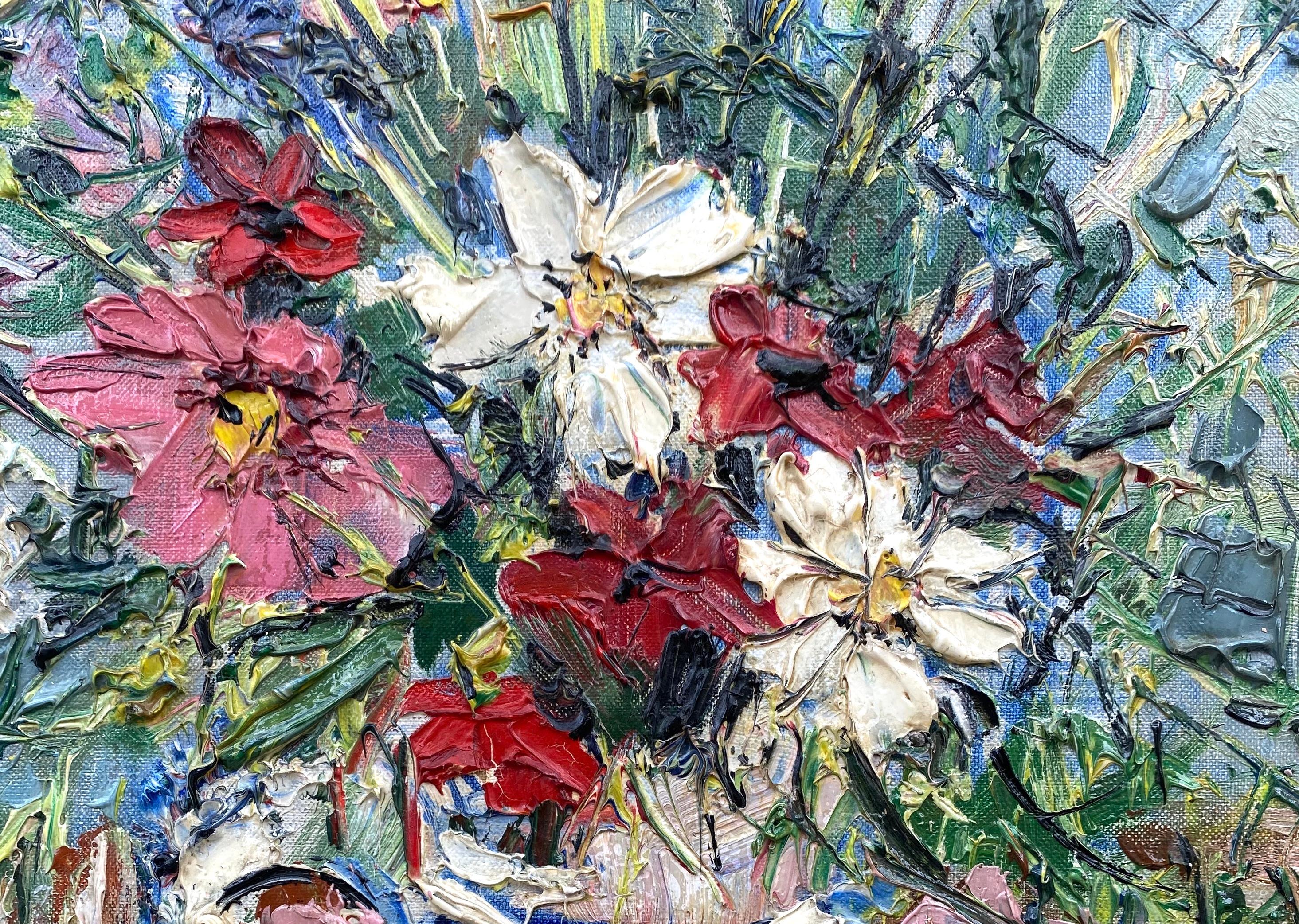 Field Flowers Country Bouquet French Floral Still Life French oil painting - Impressionist Painting by Yolande Ardissone