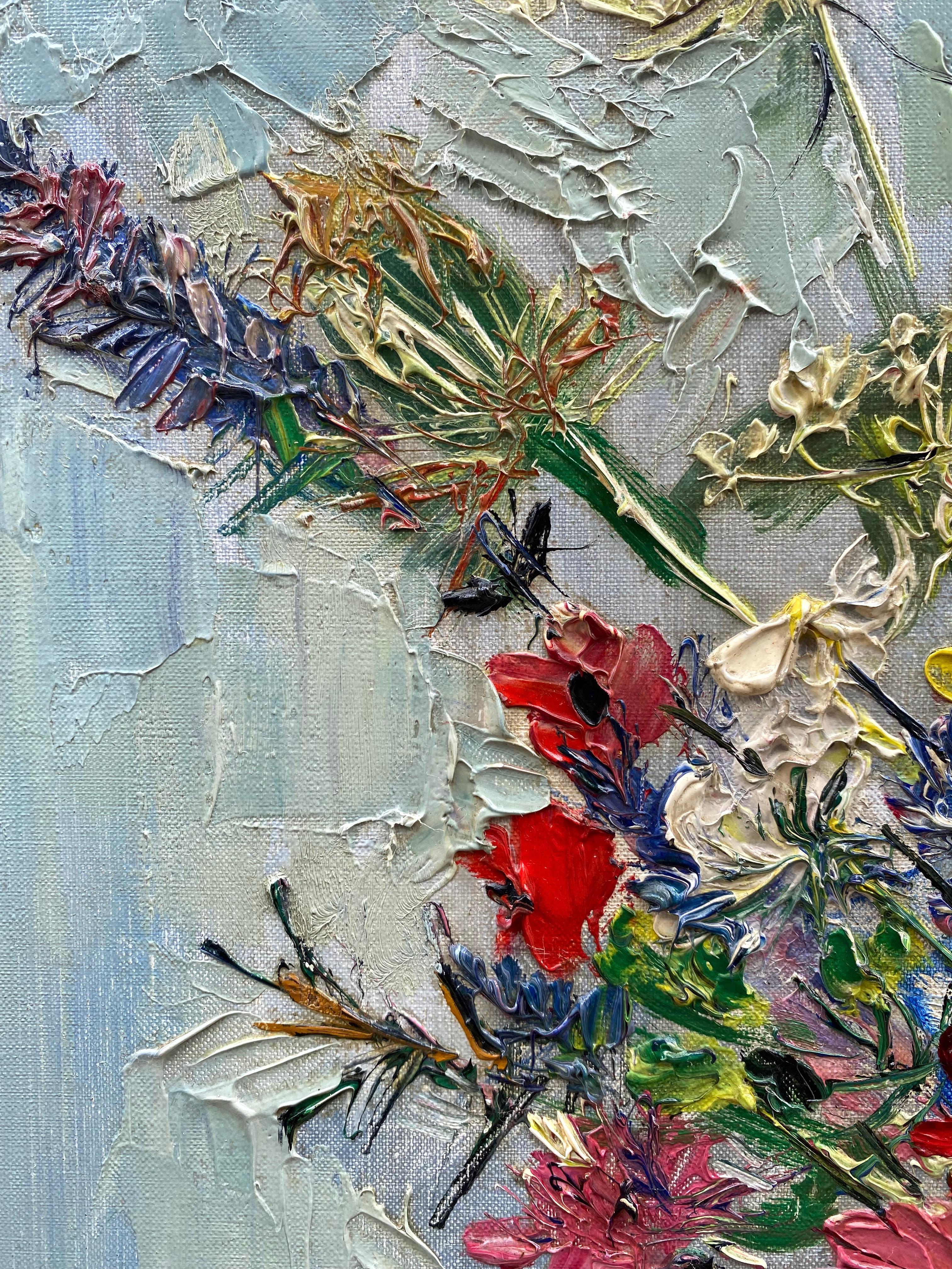Field Flowers Country Bouquet French Floral Still Life French oil painting - Brown Still-Life Painting by Yolande Ardissone