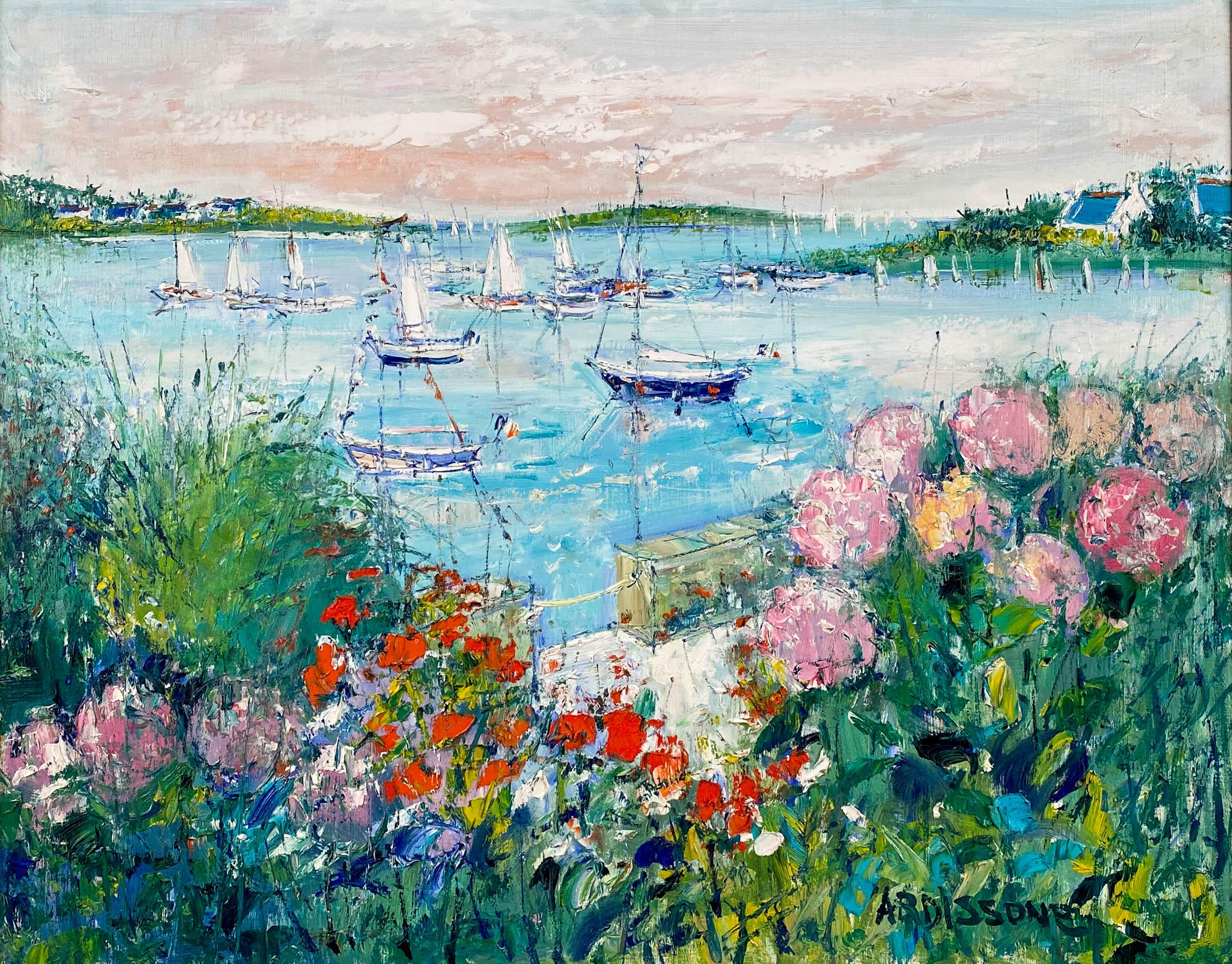 Flowering Garden Along the Water's Edge - Painting by Yolande Ardissone
