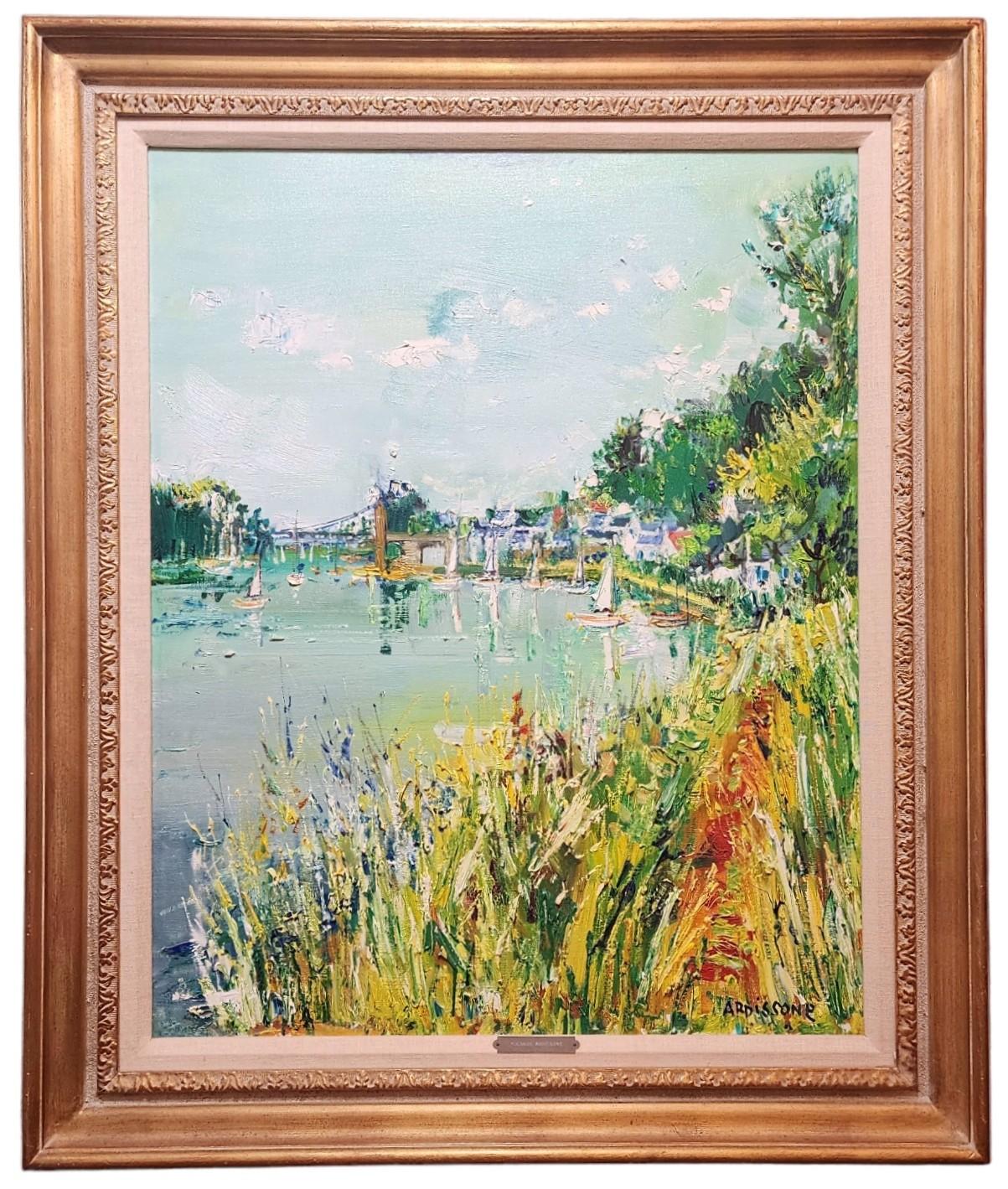 La Rivière, huile sur toile de Yolande Ardissone, scène de rivière française, port en vente 1