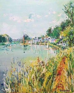 Vintage La Rivière, Oil on Canvas by Yolande Ardissone, French River Scene, Harbor