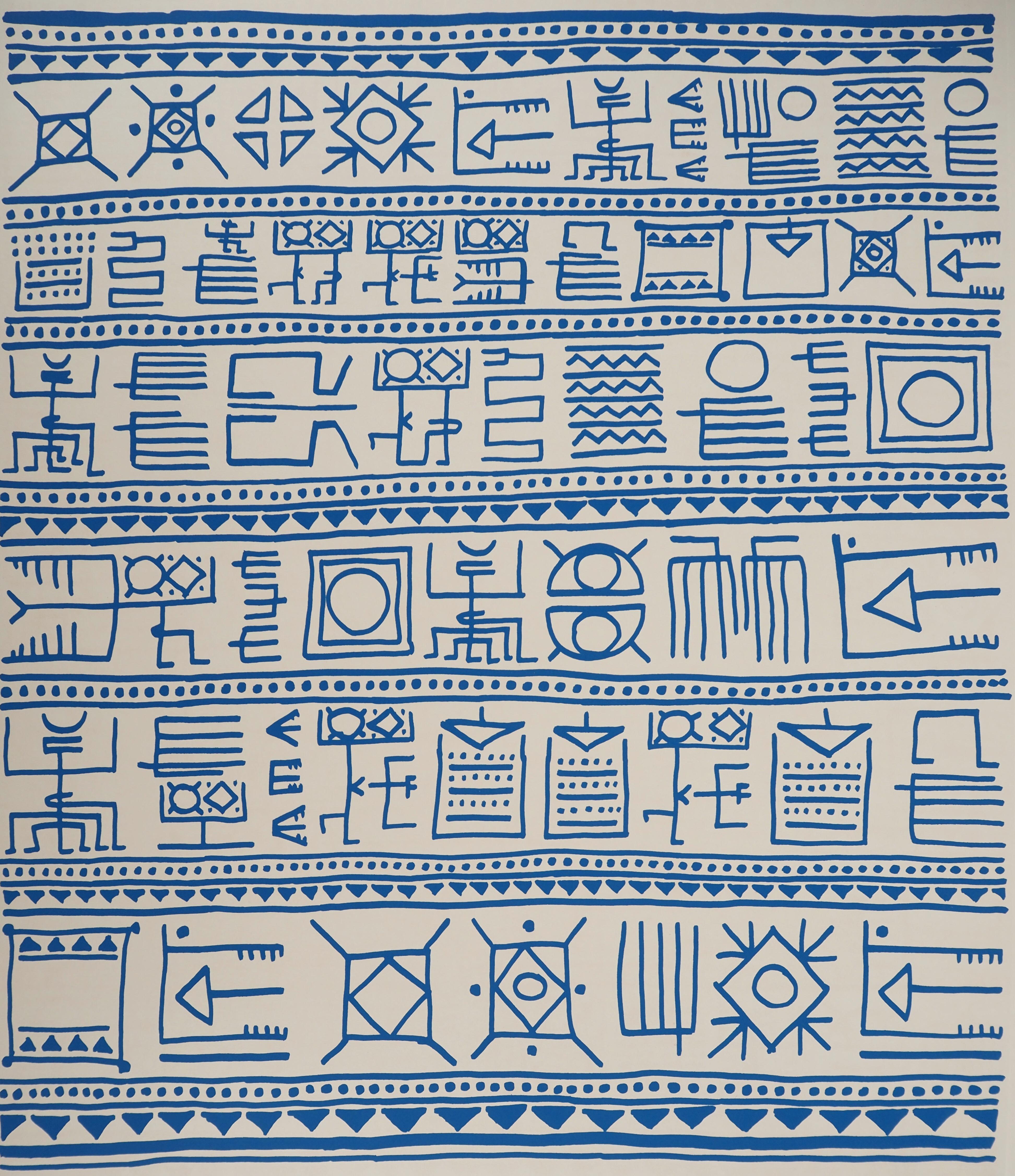 Architecte : Pictograms of Genesis (bleu) - Sérigraphie originale, signée à la main - Gris Abstract Print par Yona Friedman