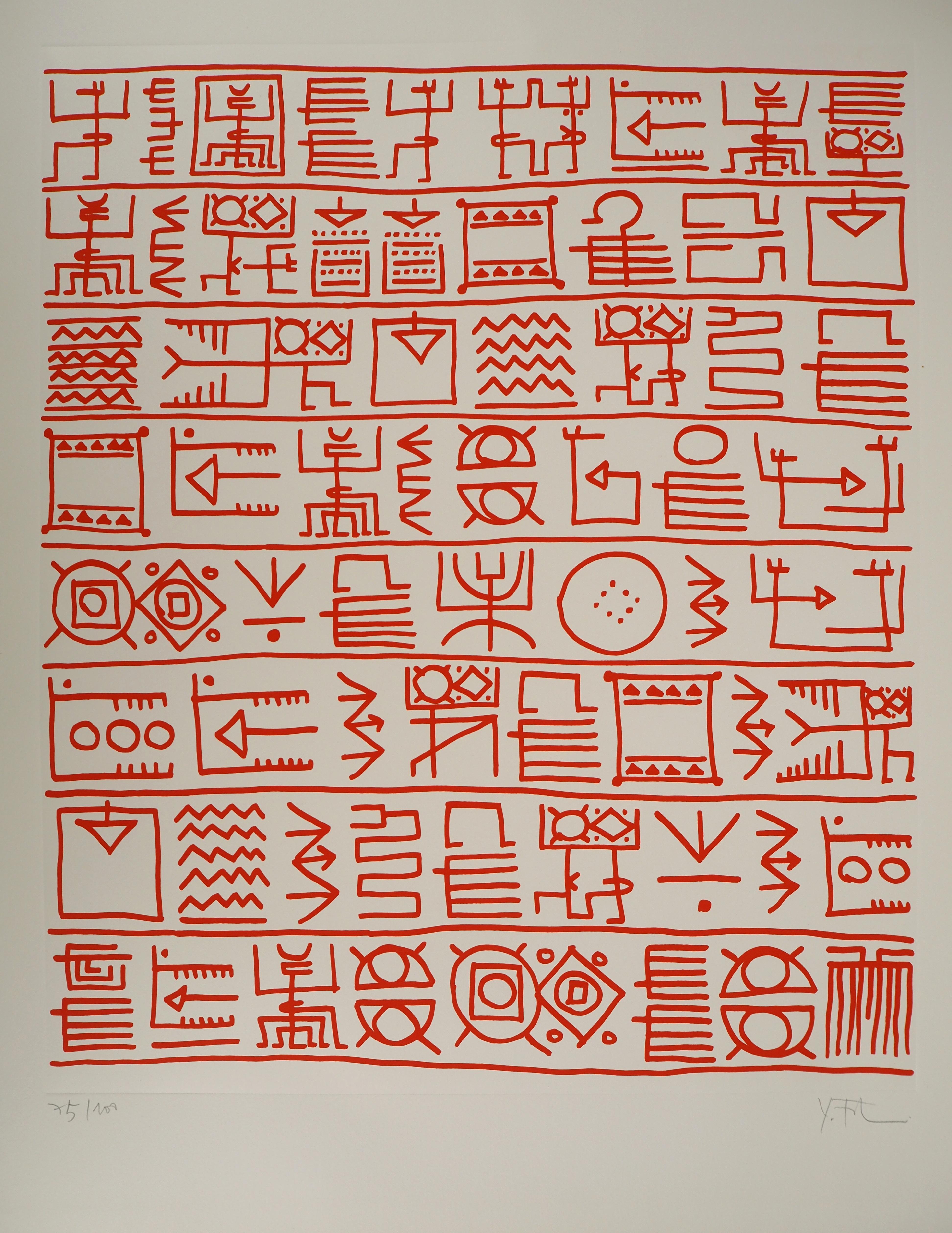 Architect : Pictograms of Genesis (Orange) - Original Screenprint, HANDSIGNED - Abstract Geometric Print by Yona Friedman