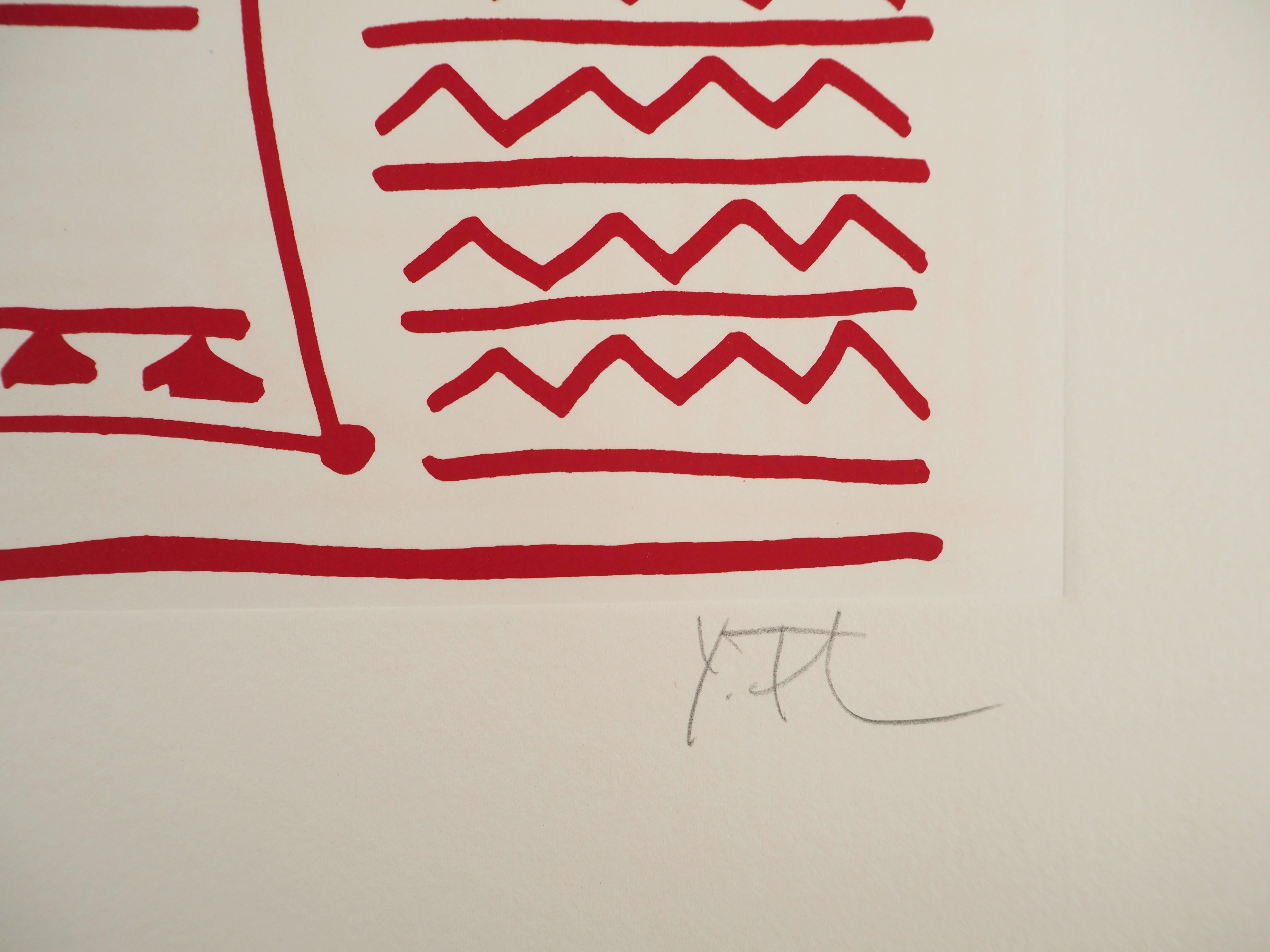 Architecte : Pictograms of Genesis (rouge) - Sérigraphie originale, signée à la main - Print de Yona Friedman