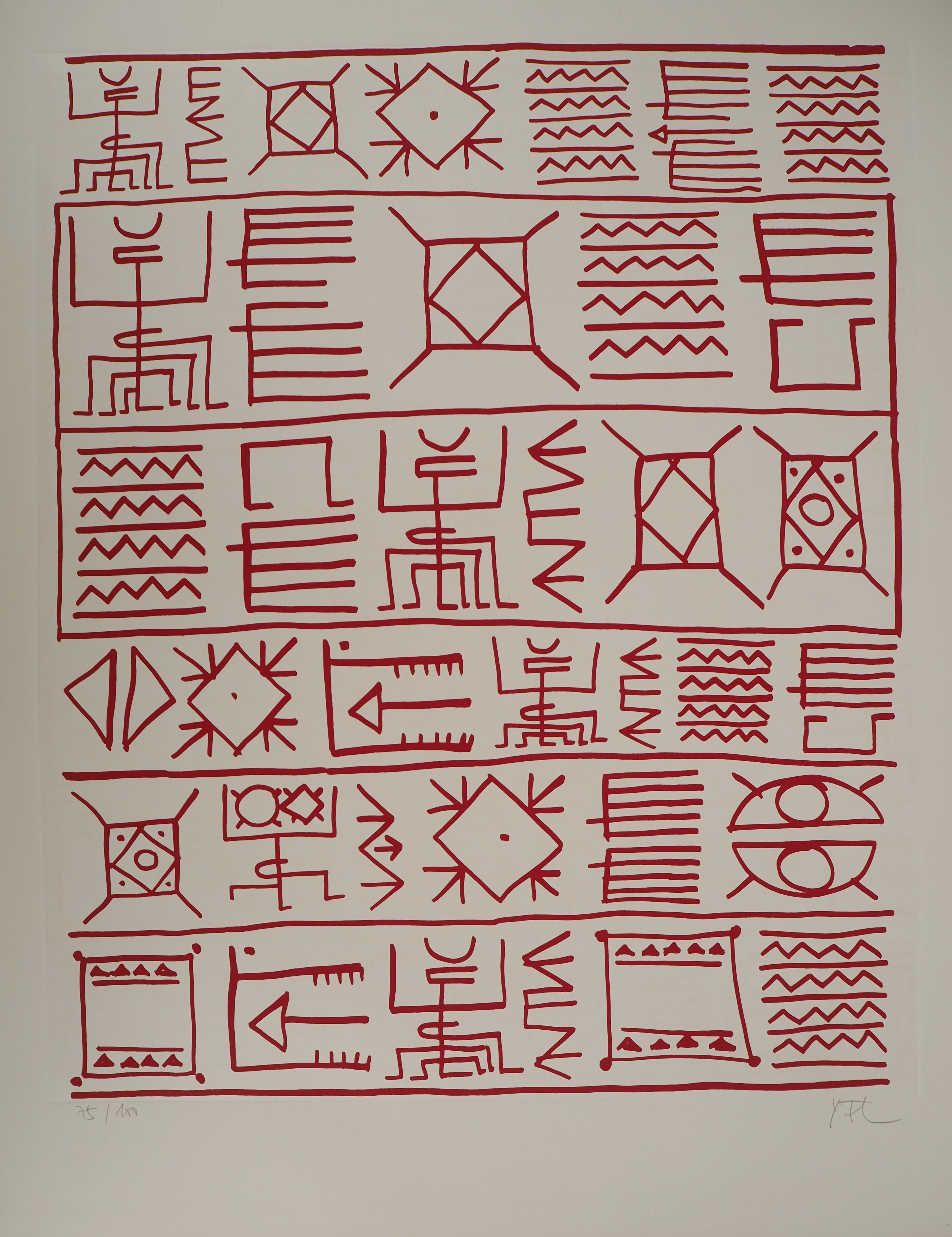 Architecte : Pictograms of Genesis (rouge) - Sérigraphie originale, signée à la main - Géométrique abstrait Print par Yona Friedman