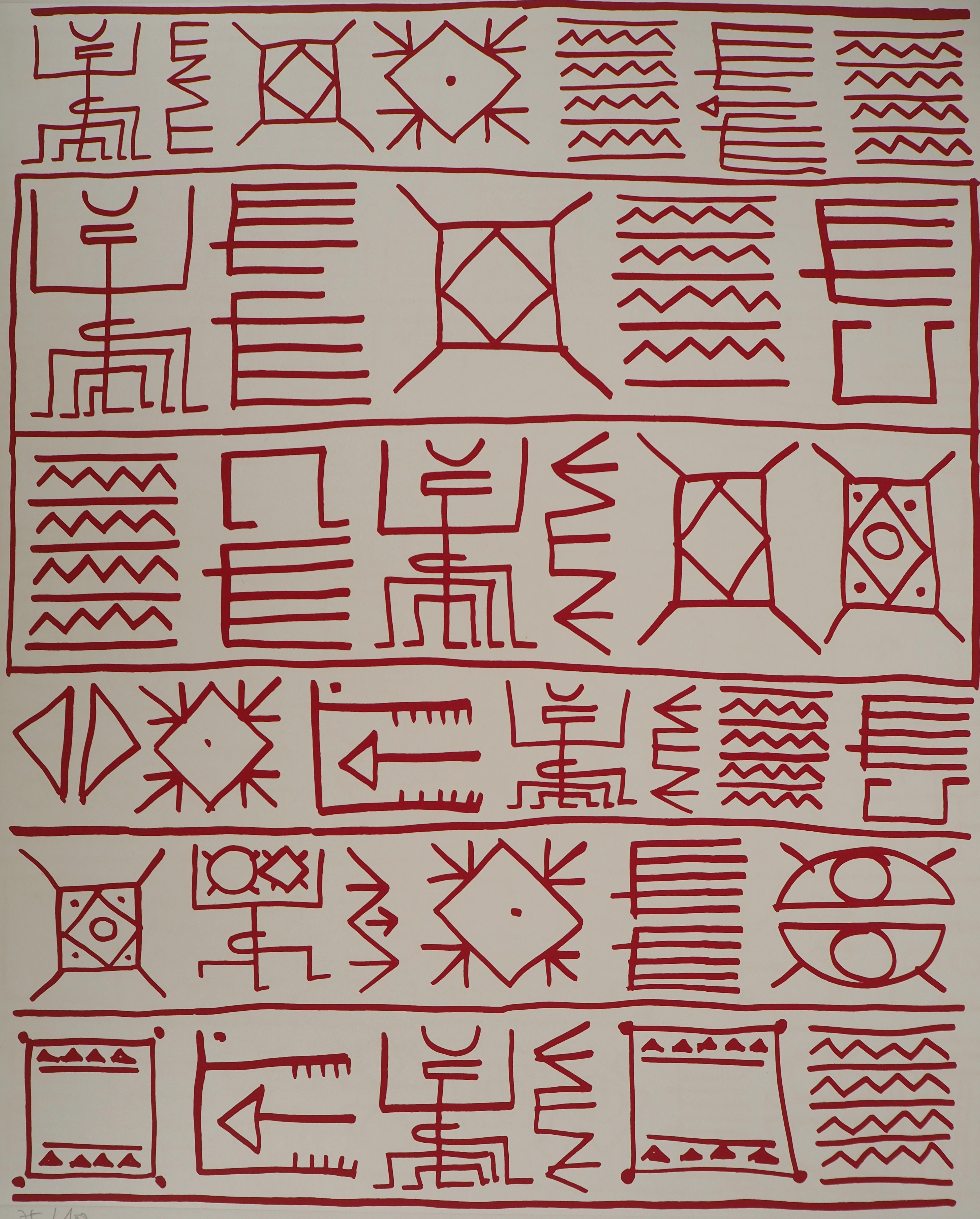 Architecte : Pictograms of Genesis (rouge) - Sérigraphie originale, signée à la main - Beige Abstract Print par Yona Friedman