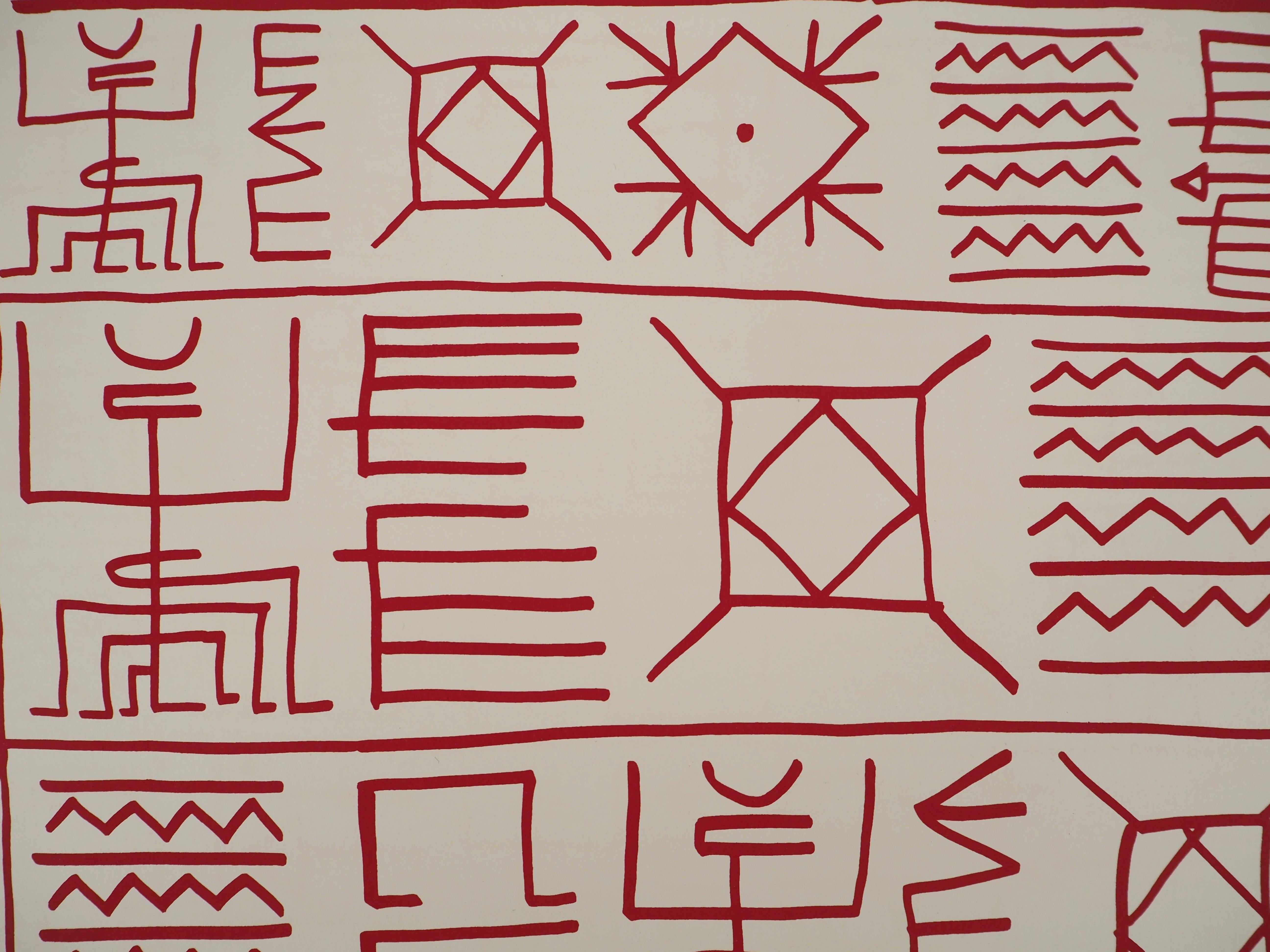 Yona FRIEDMAN (1923-2019)
Pictogrammes de la genèse (rouge), 1975

Sérigraphie originale (atelier Silium)
Signé au crayon
Numéroté / 100 exemplaires
Sur vélin d'Arches 76 x 58 cm

Très bon état, petits défauts au bord de la feuille.