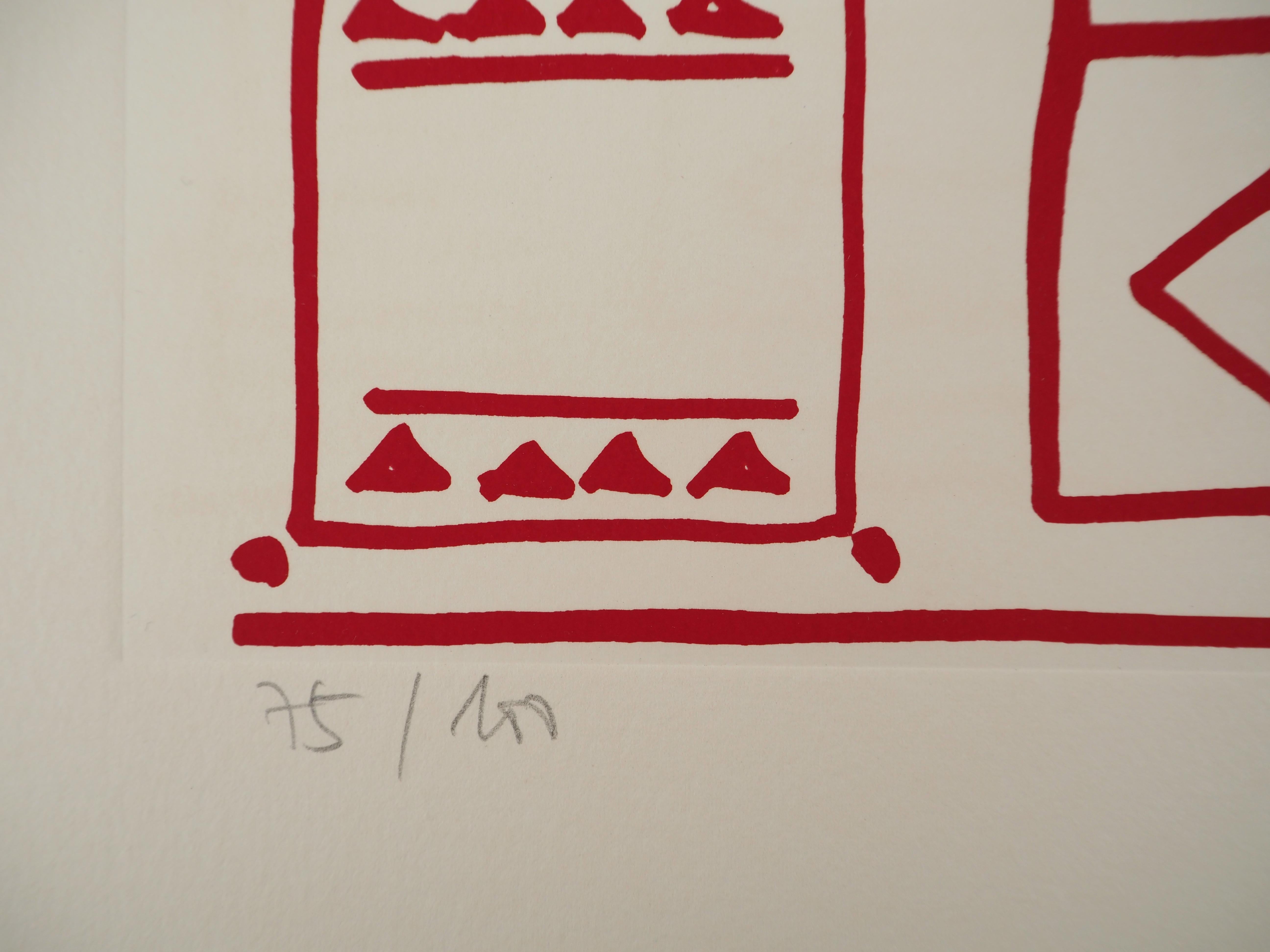 Architecte : Pictograms of Genesis (rouge) - Sérigraphie originale, signée à la main en vente 2