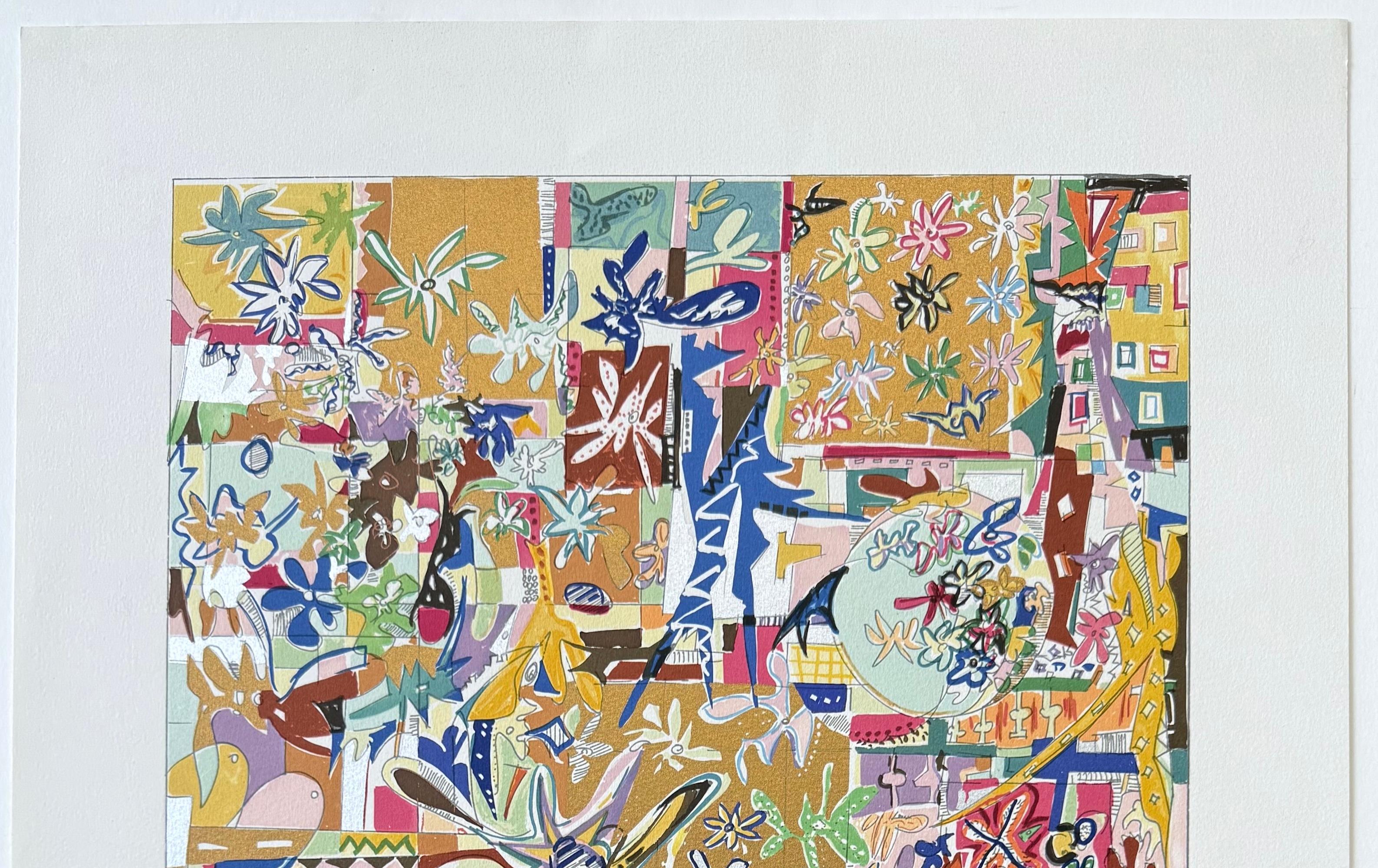 Lithographie moderniste signée, style Matisse, formes de fleurs en or métallique - Abstrait Print par Yona Lotan