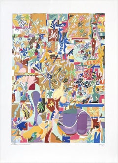 MODERNIST ABSTRACT Signed Lithograph, Matisse Style Flowers Shapes Metallic Gold