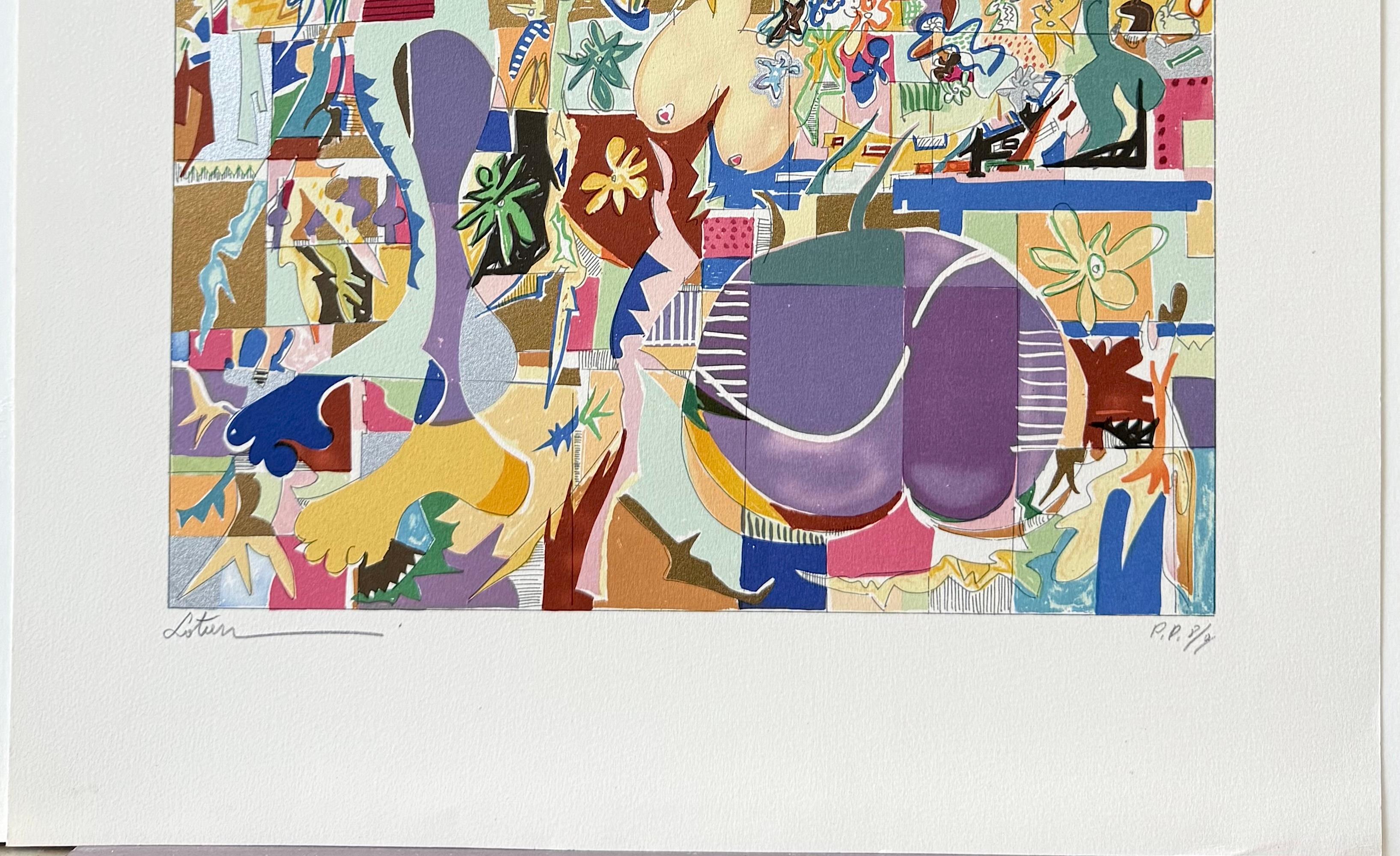 Lithographie moderniste signée, style Matisse, formes de fleurs en or métallique - Or Print par Yona Lotan