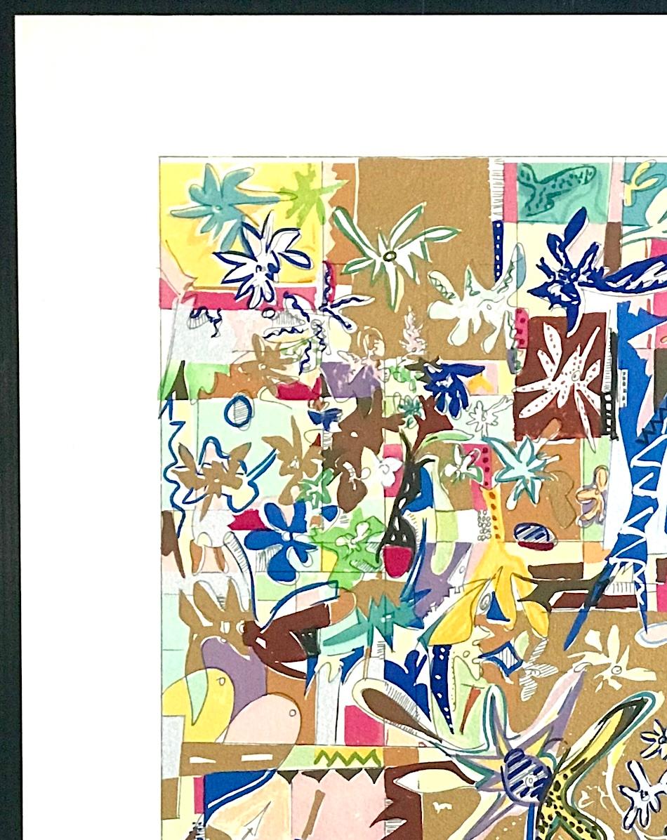 MODERNIST ABSTRACT is an original hand drawn lithograph by the Lithuanian/Israeli artist, Yona Lotan (1926 - 1998). Lively modern abstract composition of multicolor Matisse-style flowers and shapes printed in visually appealing shades of lavender,