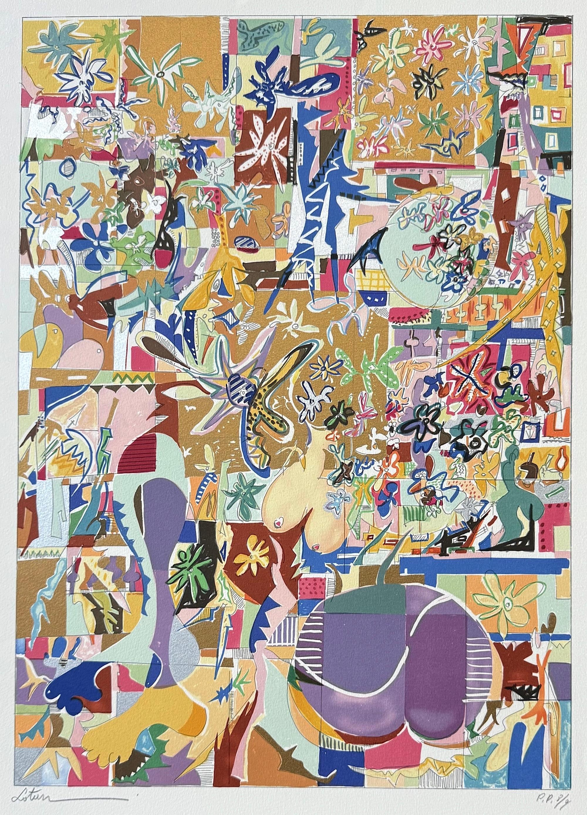 Lithographie moderniste signée, style Matisse, formes de fleurs en or métallique - Print de Yona Lotan