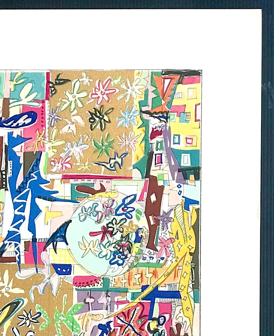 MODERNIST ABSTRACT Signed Lithograph, Matisse Style Flowers Shapes Metallic Gold For Sale 1