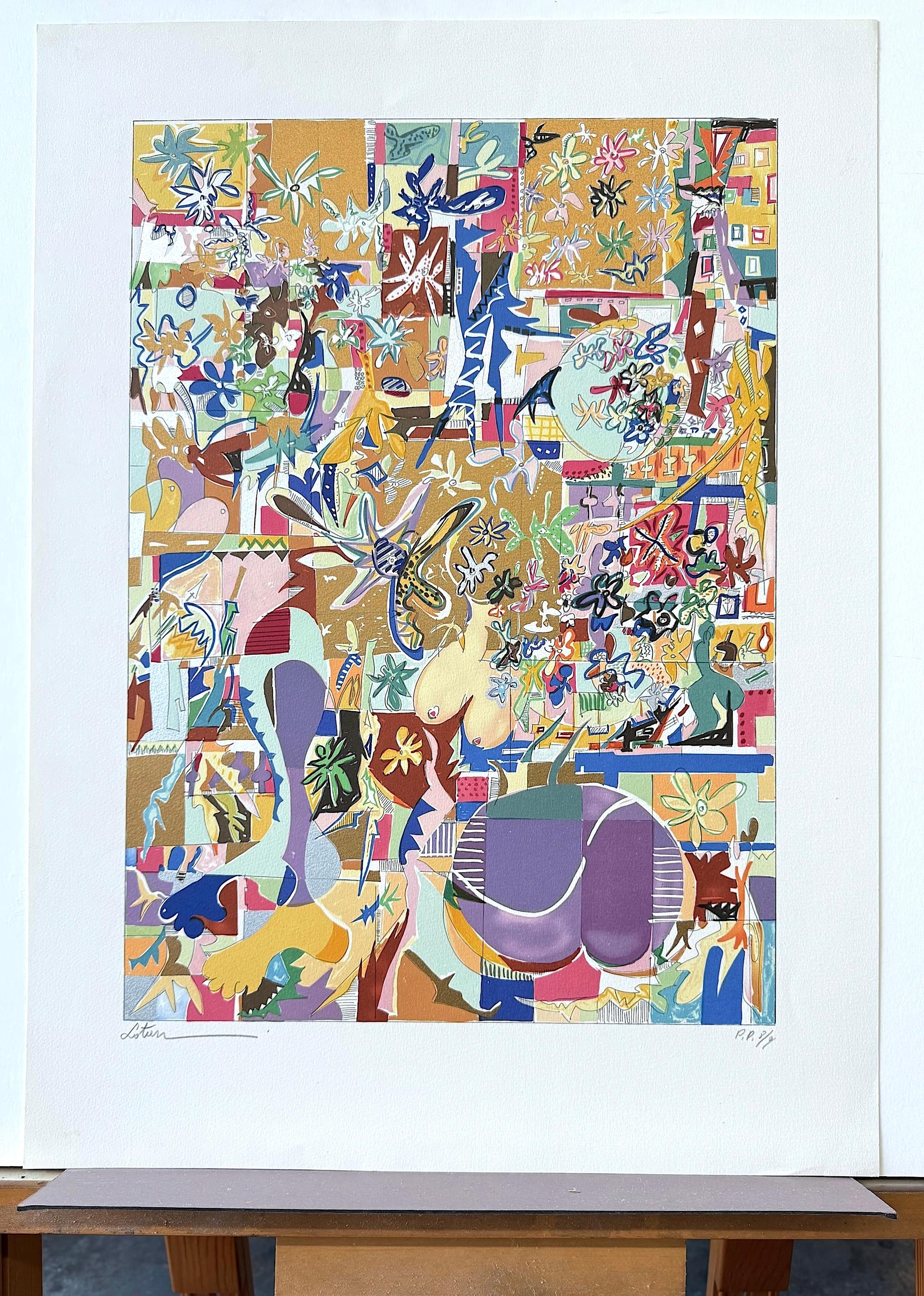 Lithographie moderniste signée, style Matisse, formes de fleurs en or métallique en vente 3