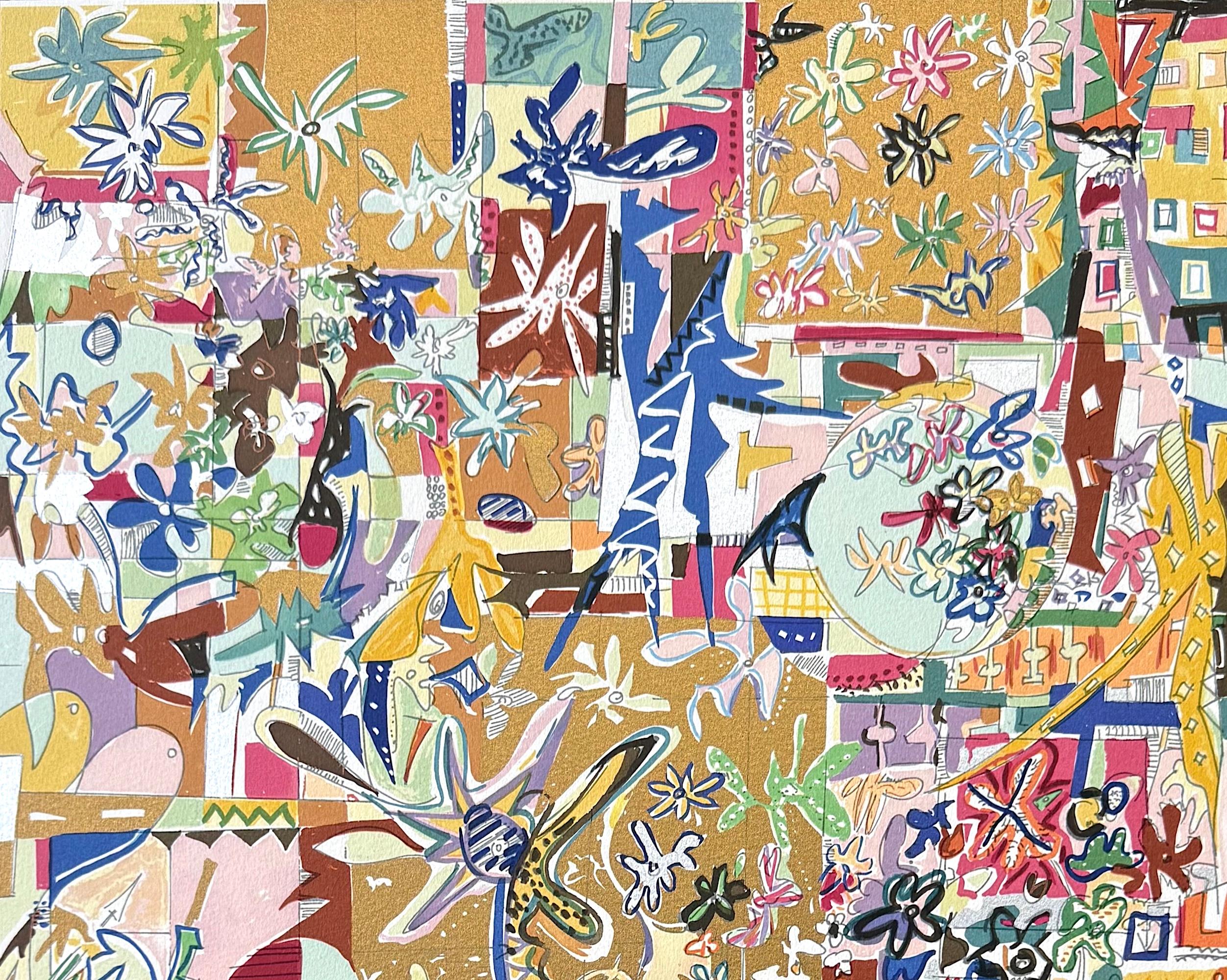 MODERNIST ABSTRACT est une lithographie originale dessinée à la main par l'artiste lituanien/israélien Yona Lotan (1926 - 1998). Composition abstraite moderne et vivante de fleurs et de formes multicolores de style Matisse, imprimée dans des tons