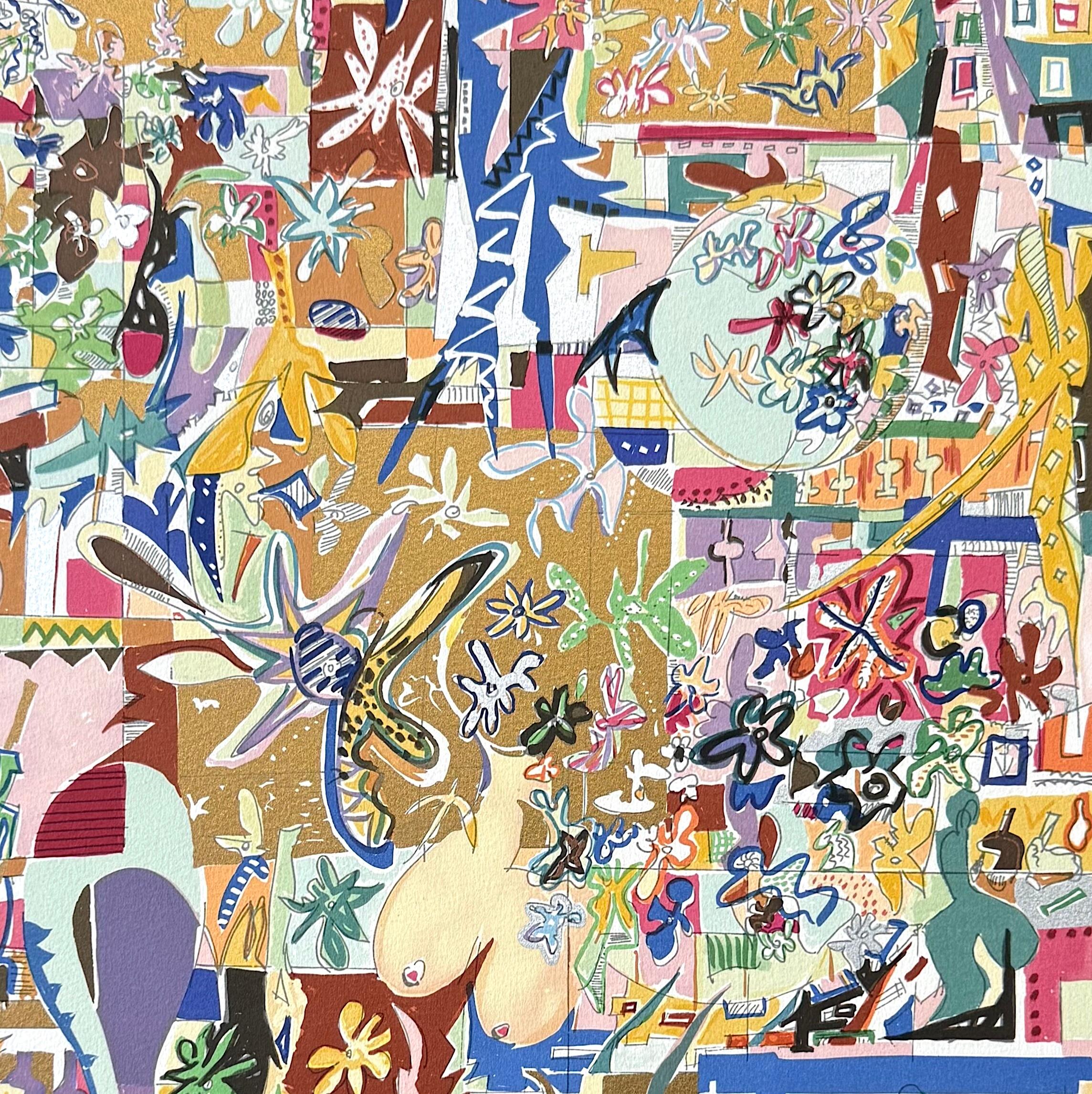 Lithographie moderniste signée, style Matisse, formes de fleurs en or métallique en vente 1