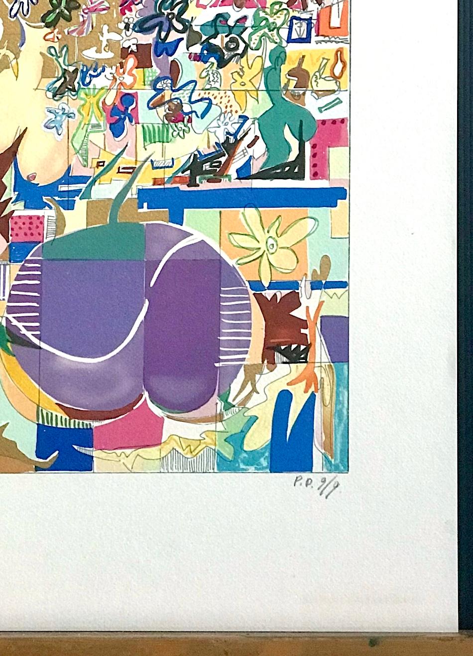 MODERNIST ABSTRACT Signed Lithograph, Matisse Style Flowers Shapes Metallic Gold For Sale 3