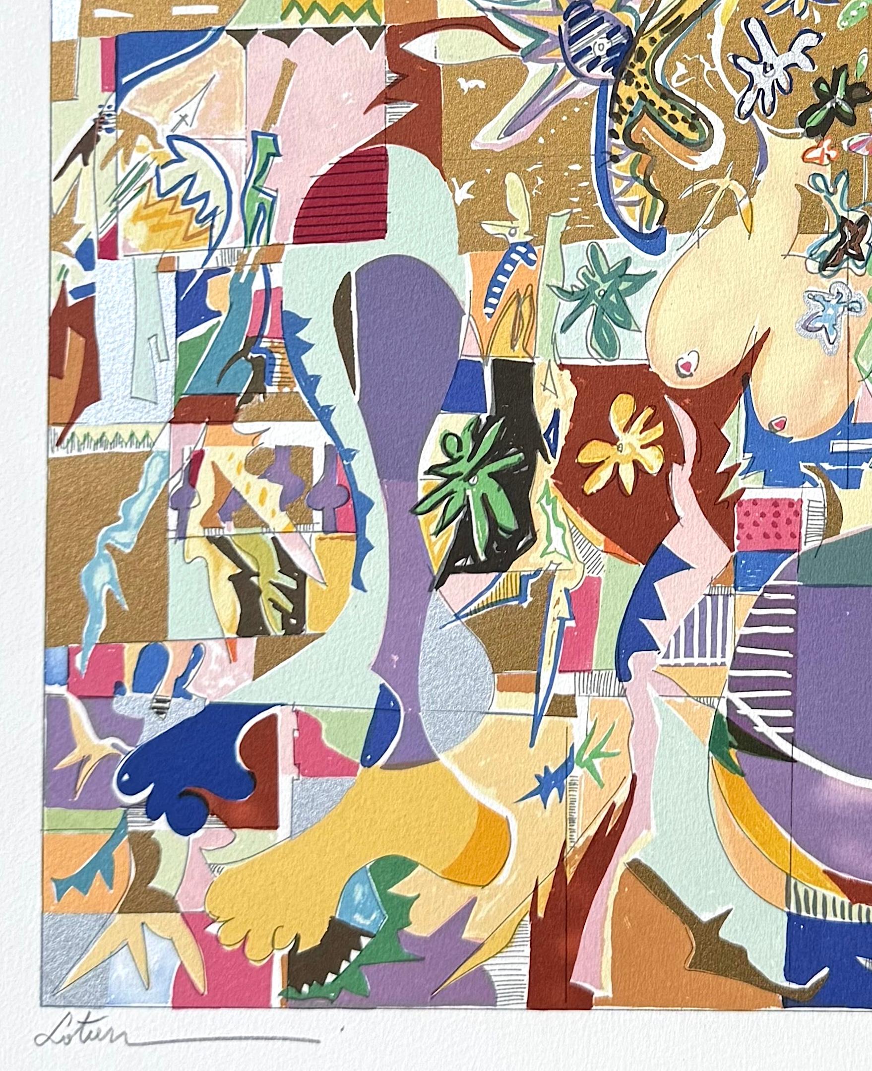 Lithographie moderniste signée, style Matisse, formes de fleurs en or métallique en vente 2